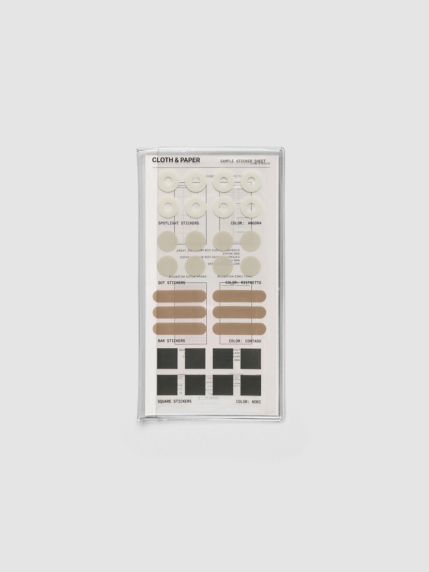 A pocket plus sized sticker sheets with spotlight, dot, bar, and square stickers in various colors.