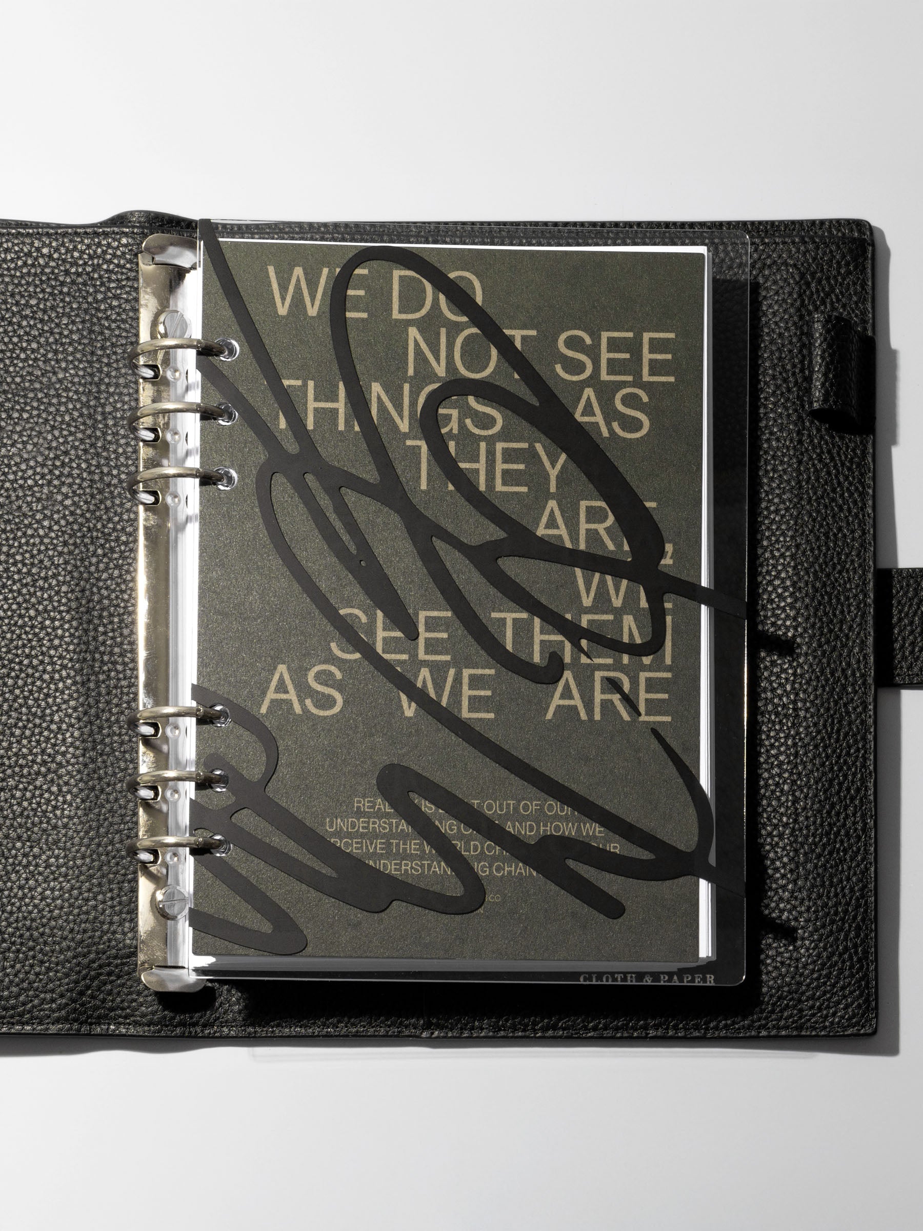 As We Are Cover + Dashboard Set in size A5 shown ring bound in a black leather agenda.