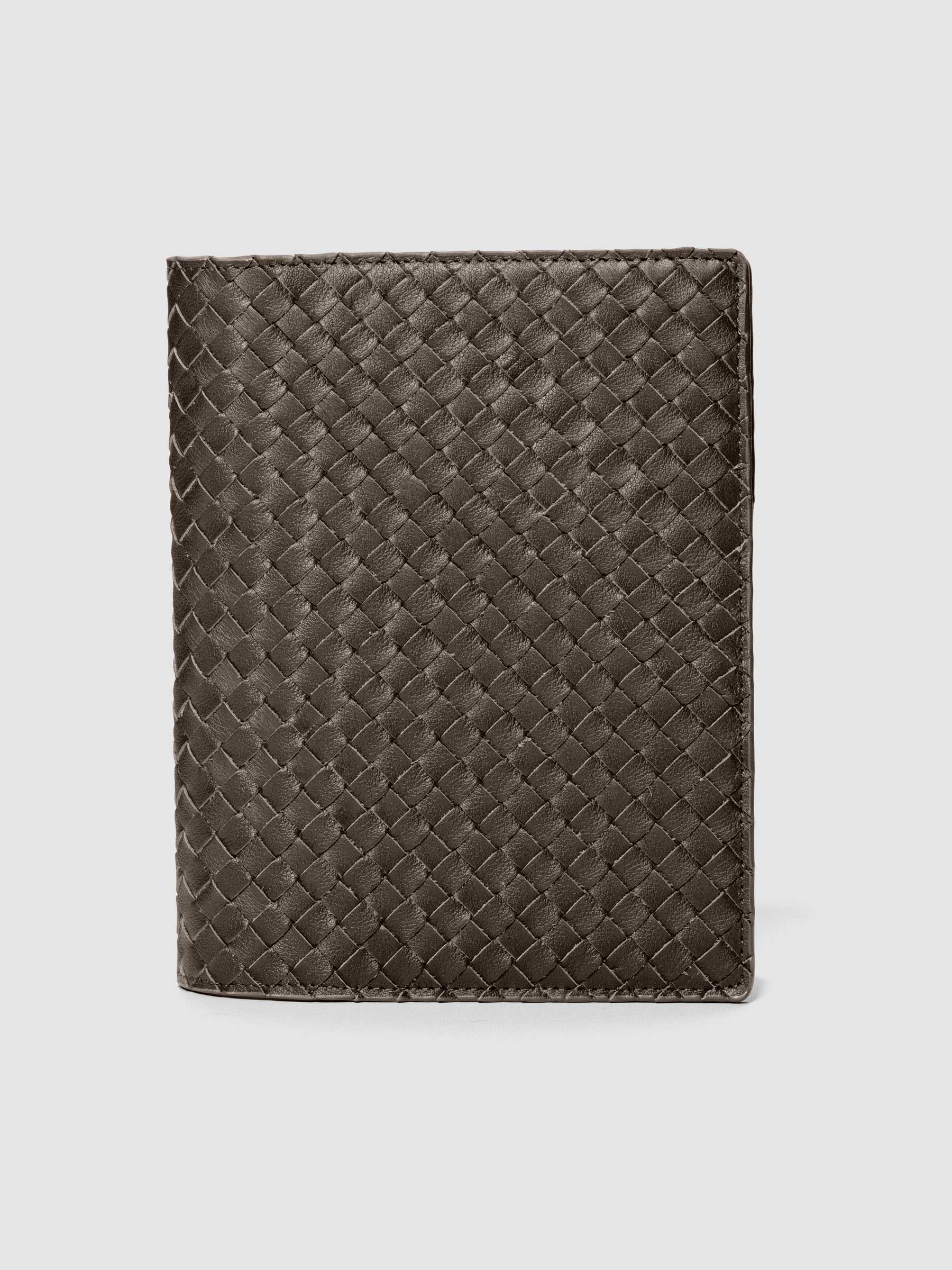 Dark brown genuine leather woven leather folio sized for Half Letter and A5 planners.