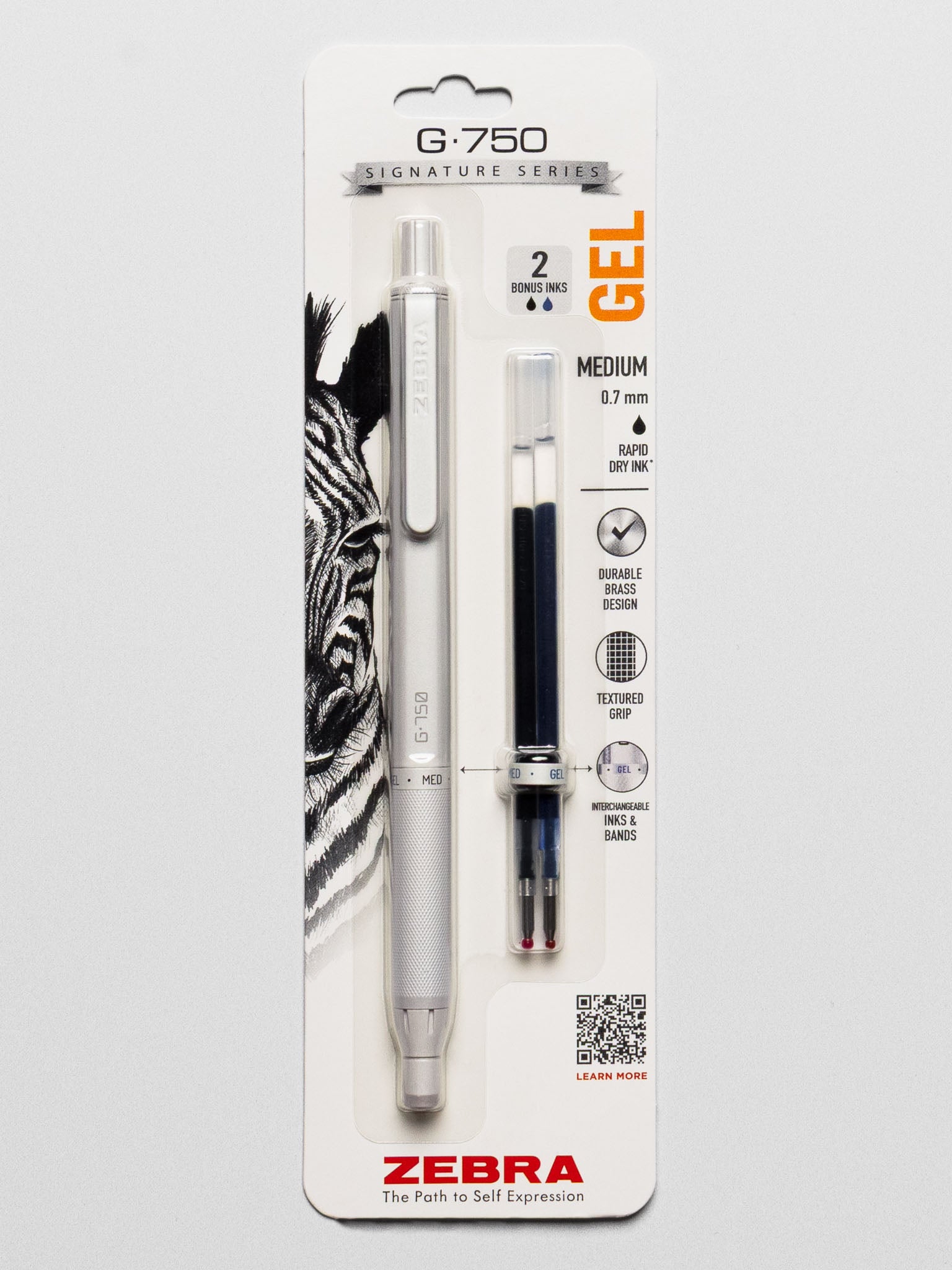 Zebra G750 pen with two refills displayed in its packaging.