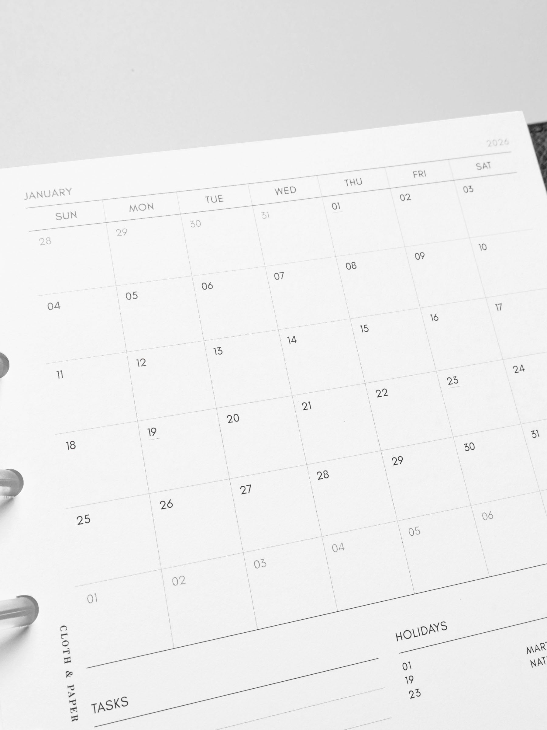 Image shows a close-up of the Sunday Start 2026 Dated Monthly Admin Planner Inserts.