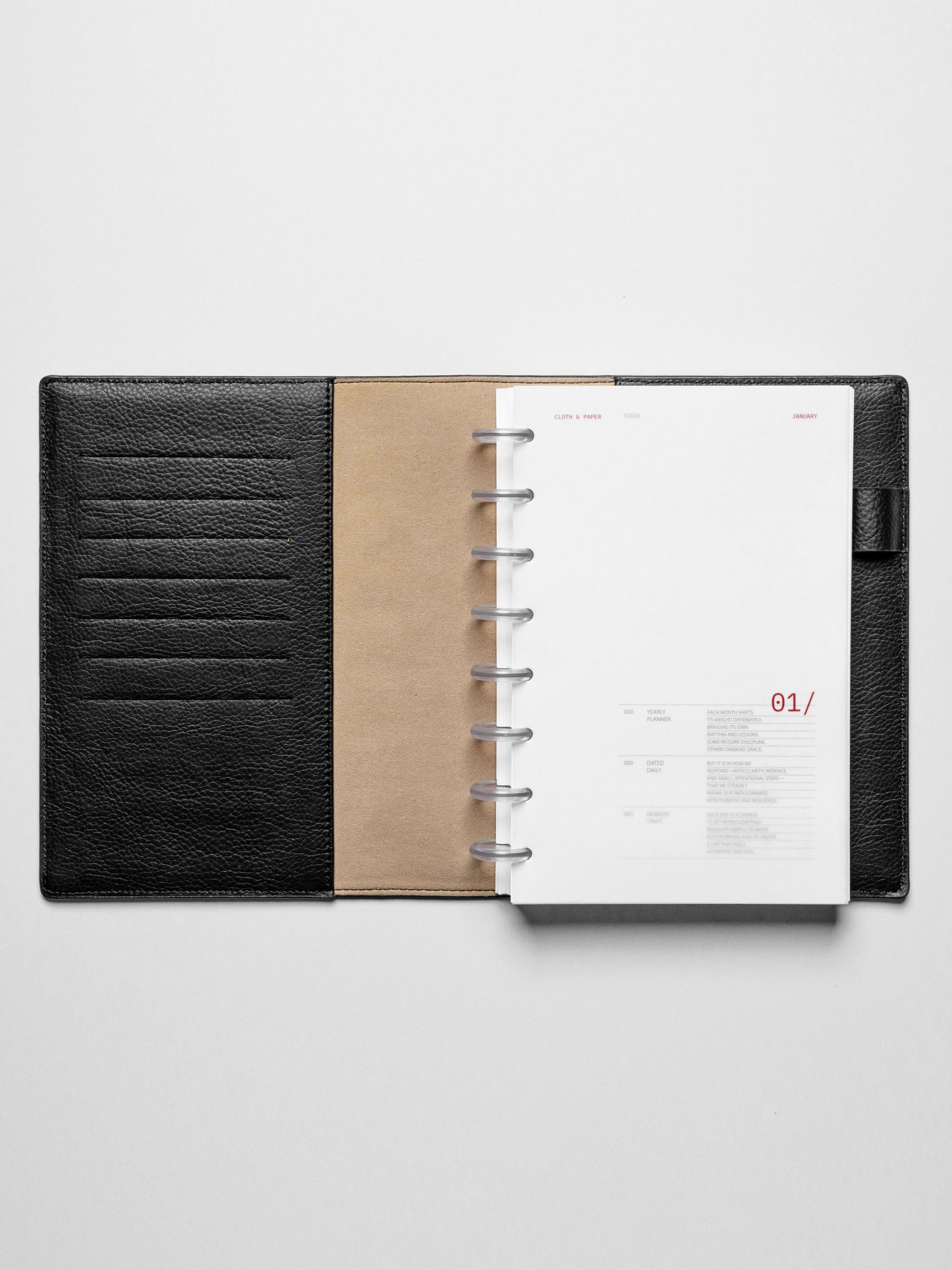 Image shows the January dashboard used in a black Half Letter disc-bound leather folio.