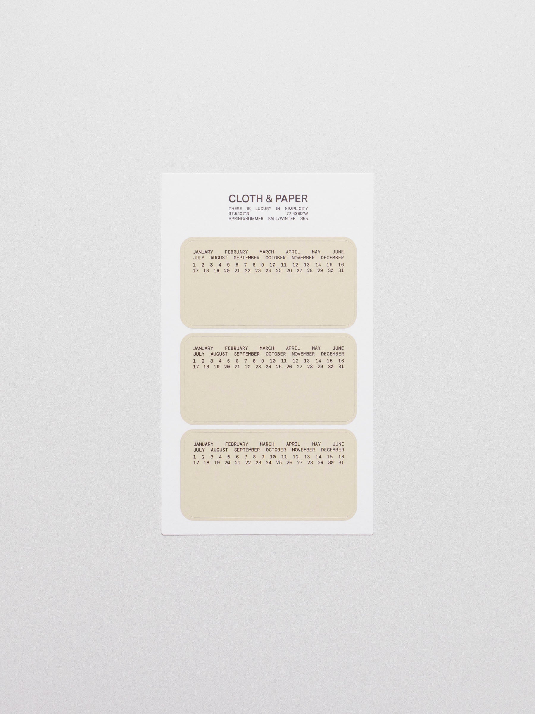 Undated calendar stickers displayed on a neutral background.