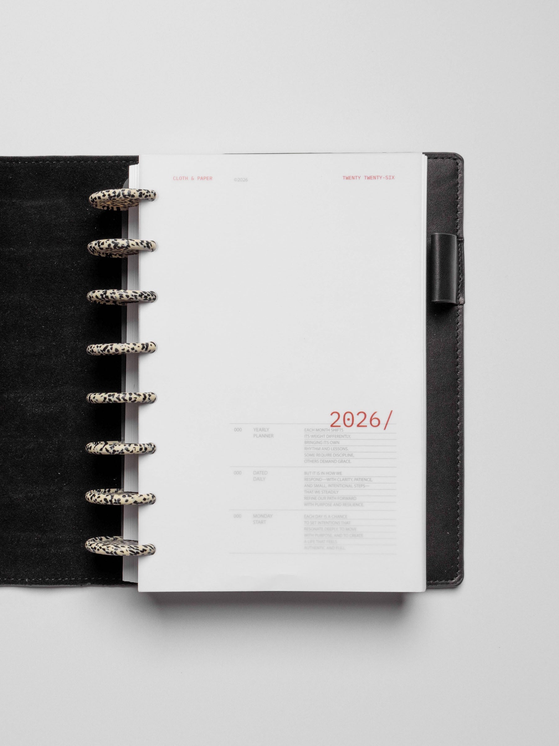 Discs in use inside a black leather planner.
