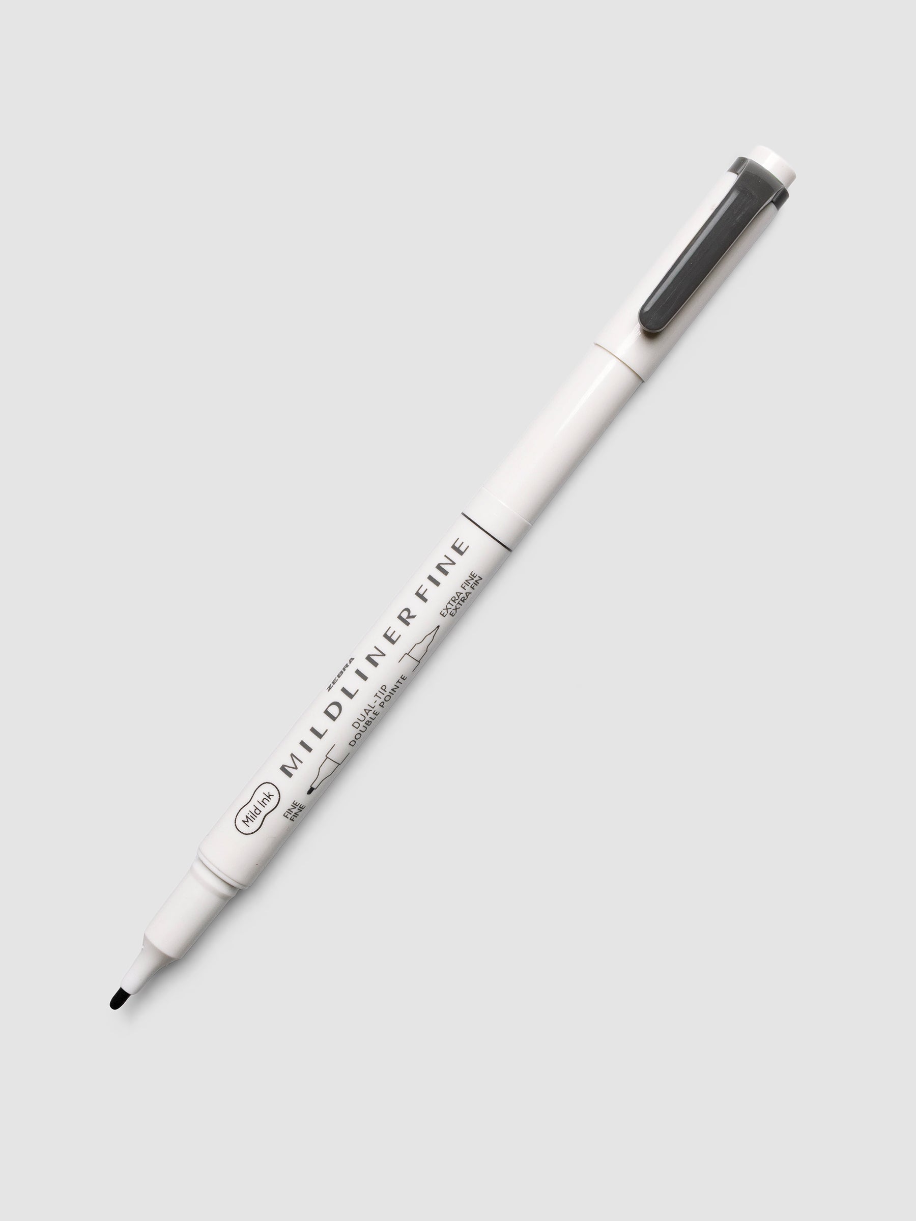 Zebra Mildliner Dual-Tip Fineliner in deep gray with cap removed showing fine bullet tip