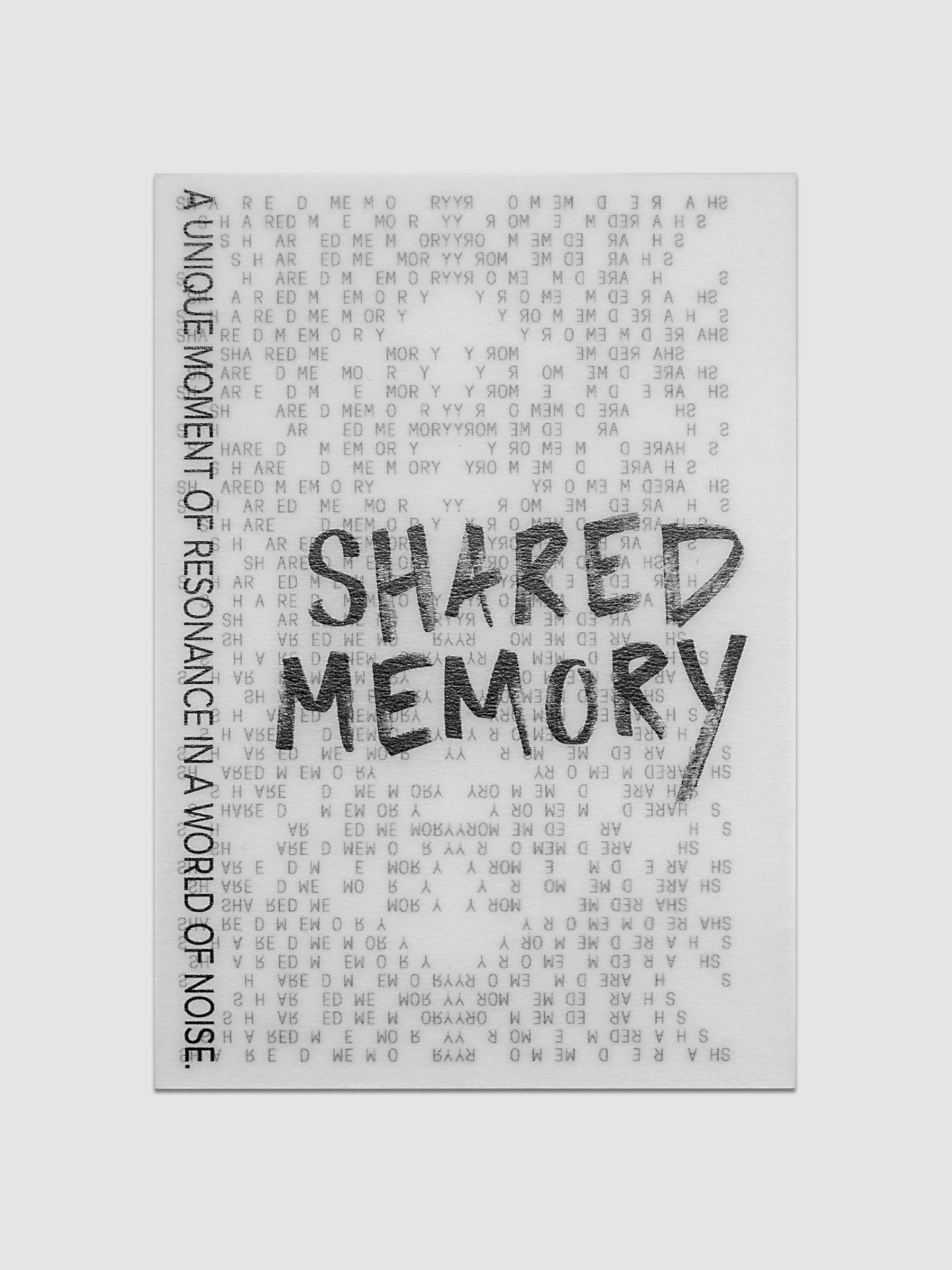 Translucent vellum journaling card with a black printed text design reading "Shared Memory".