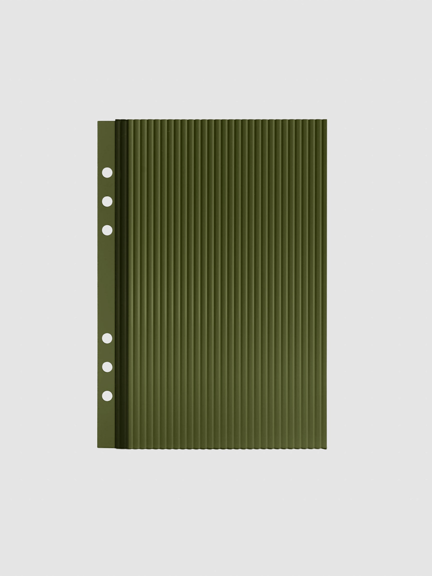 Olive fluted planner dashboard in A5 size, six ring punch, shown flat on a grey background.
