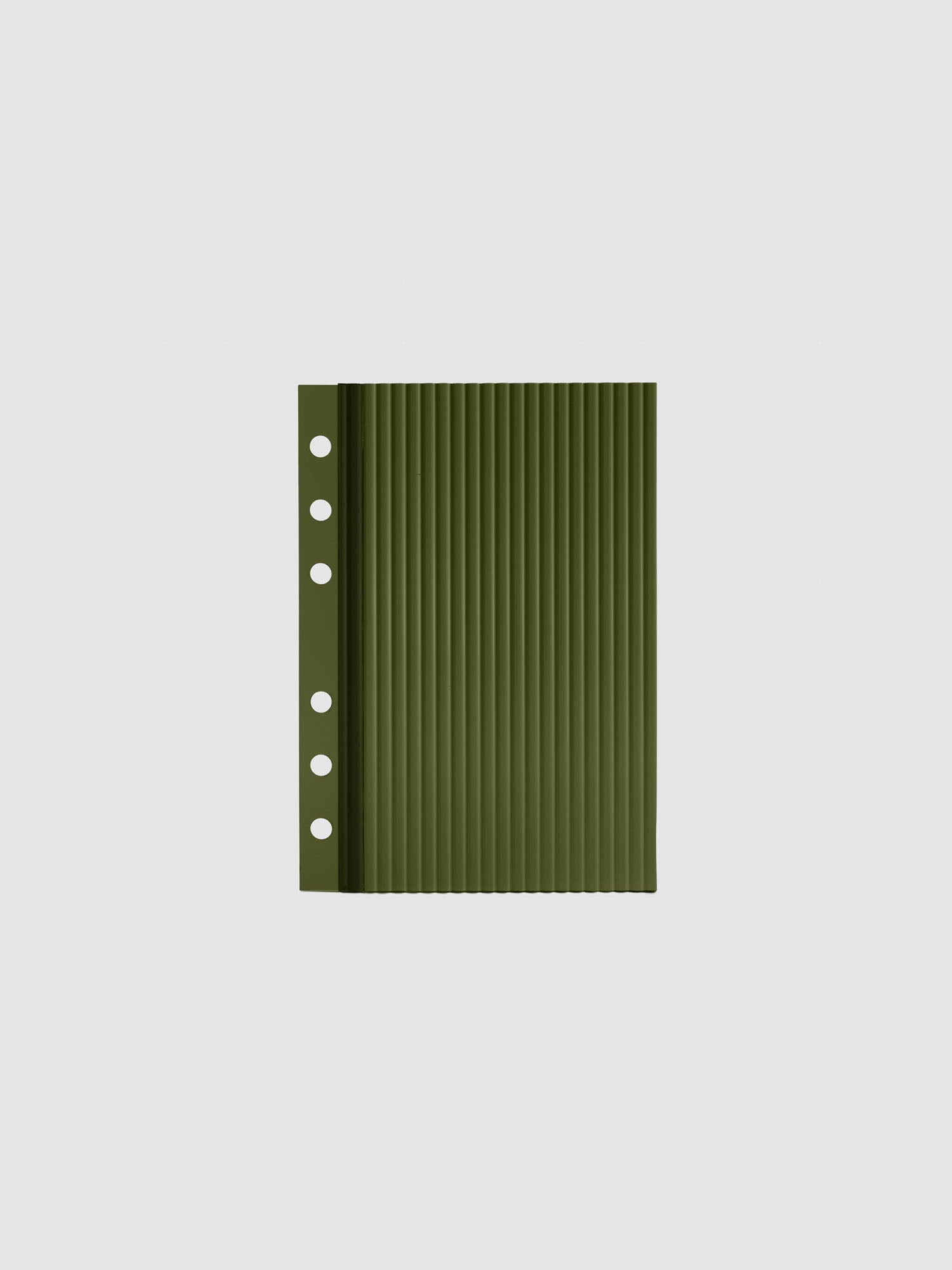 Olive fluted planner dashboard in A6 size, six ring punch, shown flat on a grey background.
