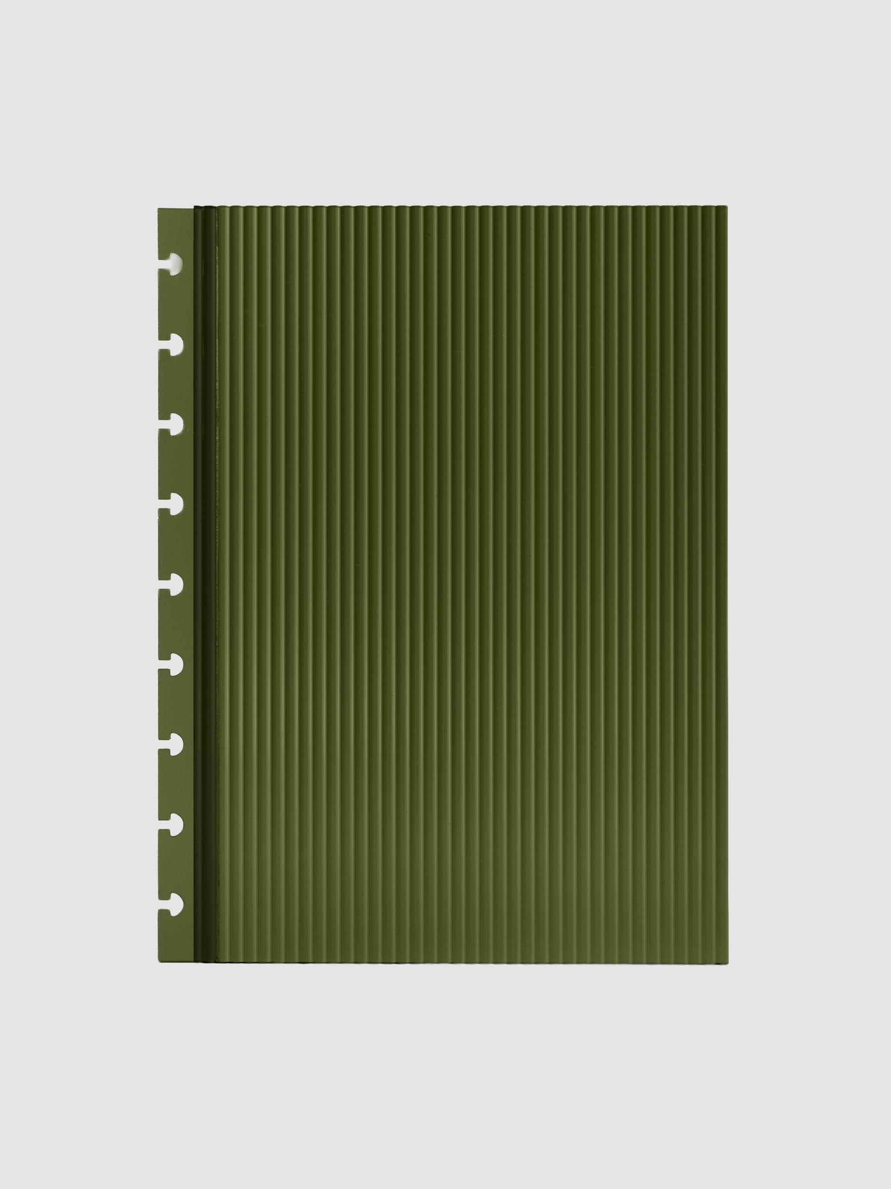 Olive fluted planner dashboard in HP Classic size, nine disc punch, shown flat on a grey background.