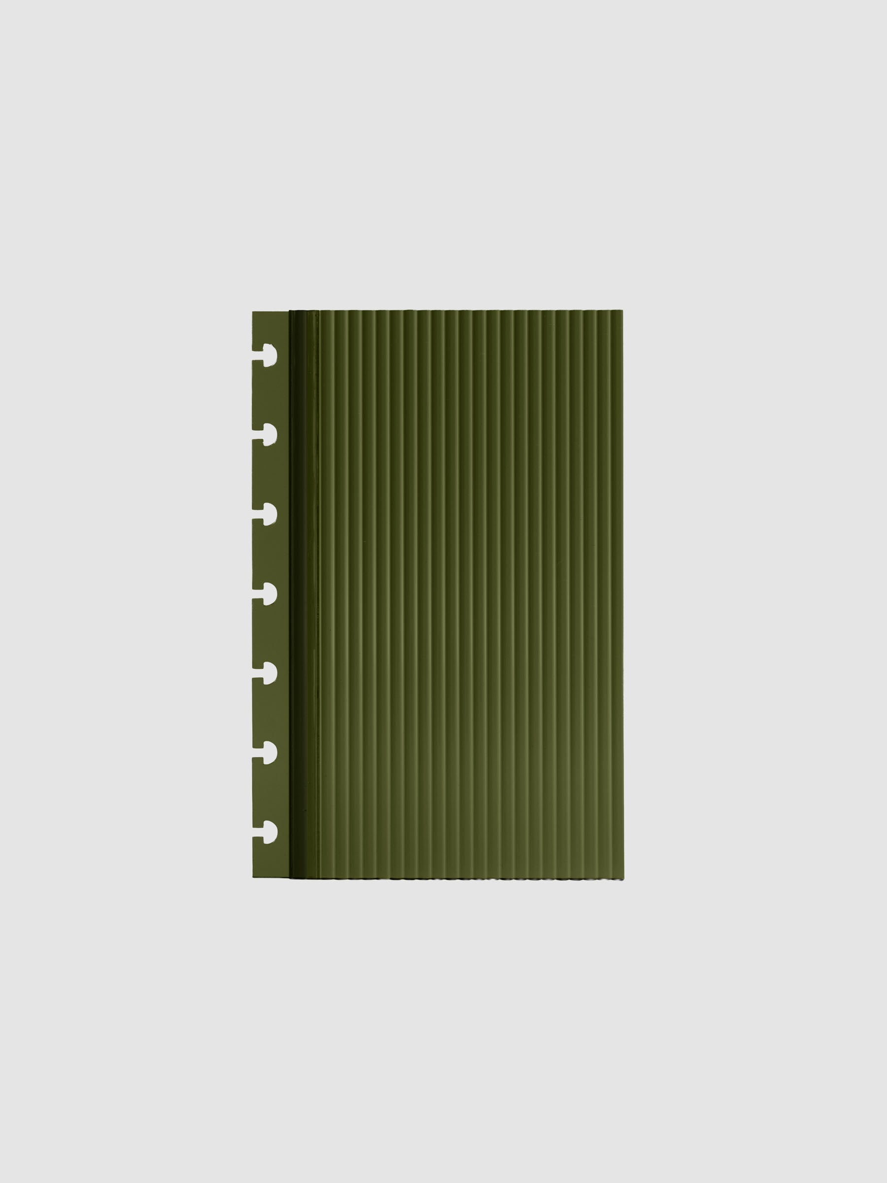 Olive fluted planner dashboard in HP Mini size, seven disc punch, shown flat on a grey background.