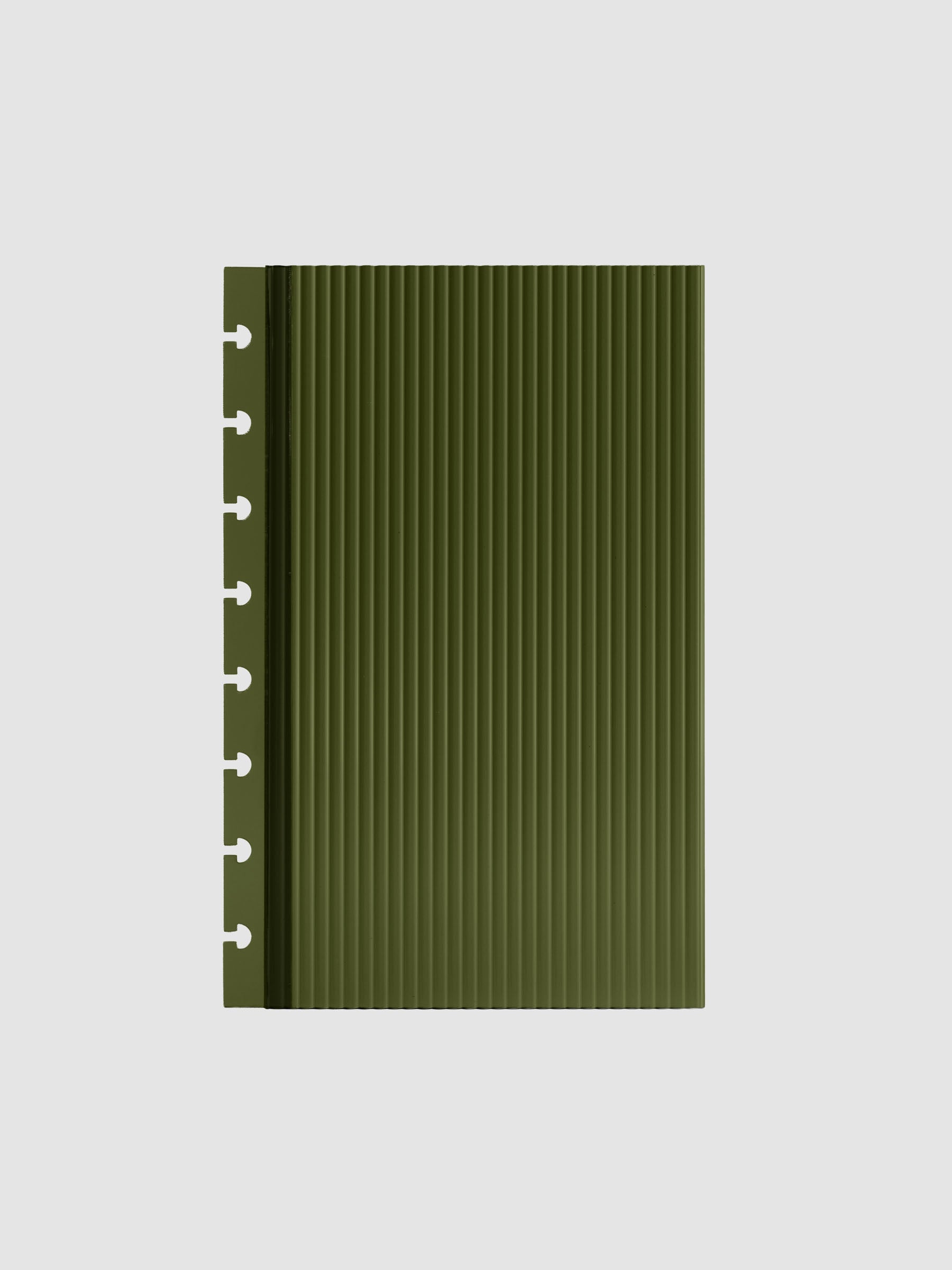 Olive fluted planner dashboard in Half Letter size, eight disc punch, shown flat on a grey background.