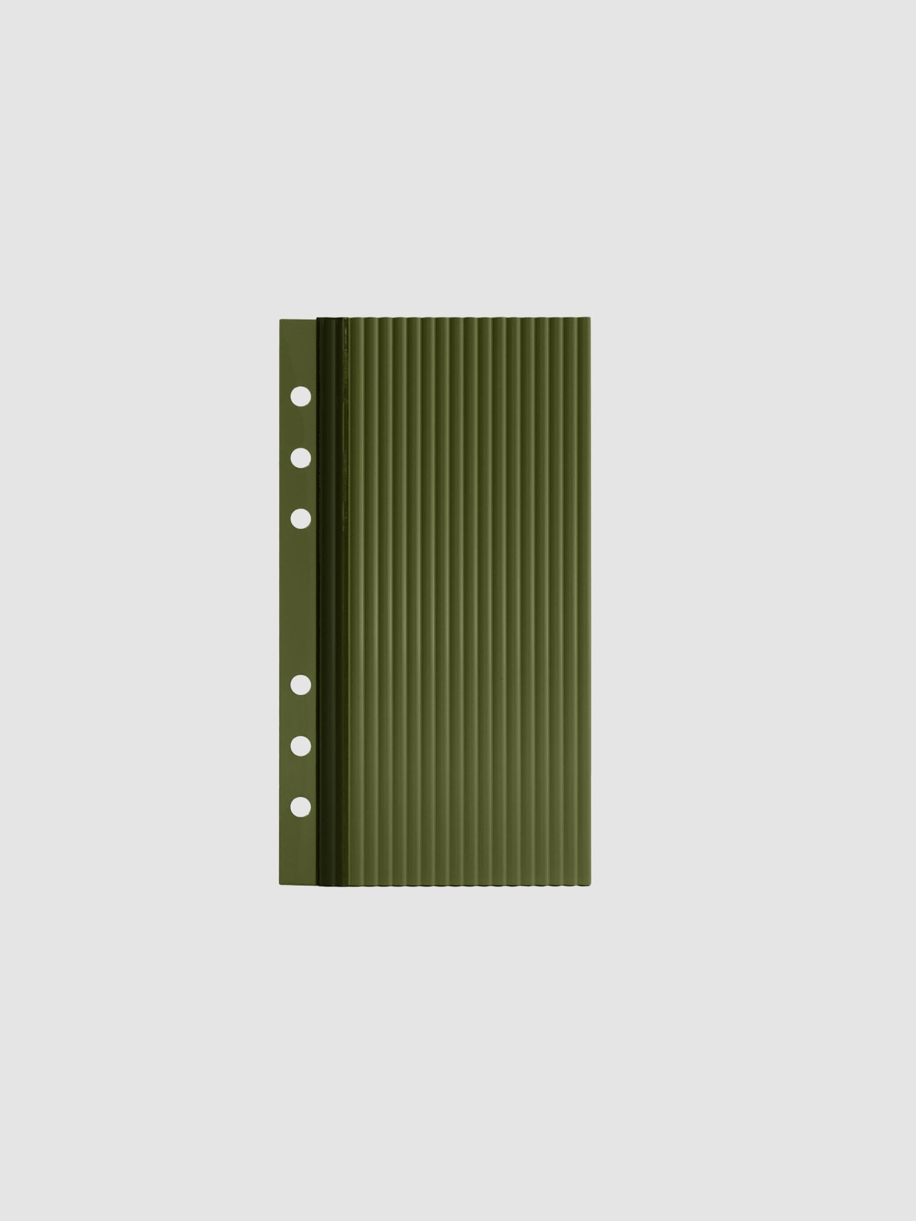 Olive fluted planner dashboard in Personal size, six ring punch, shown flat on a grey background.