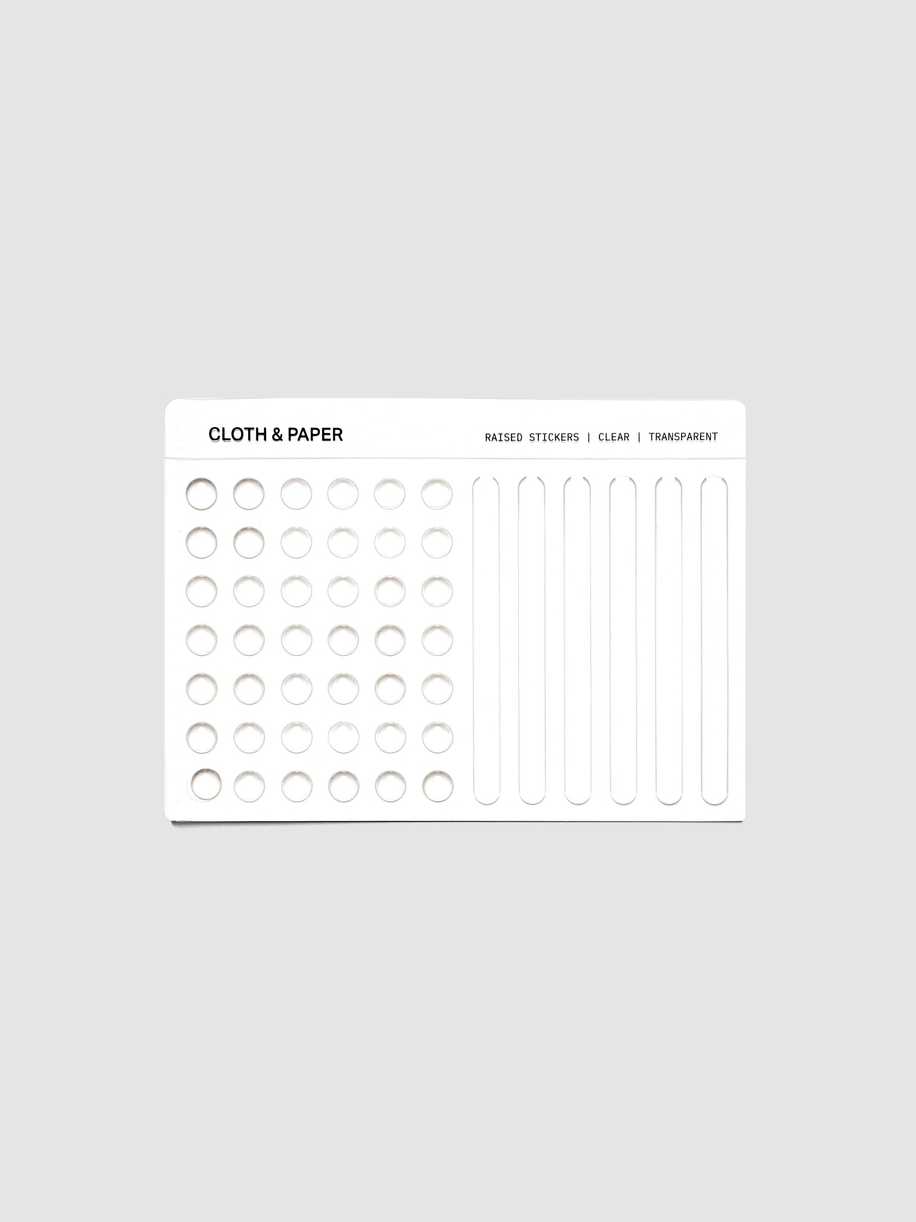 A single sticker sheet from the Raised Sticker Set in the color Clear.