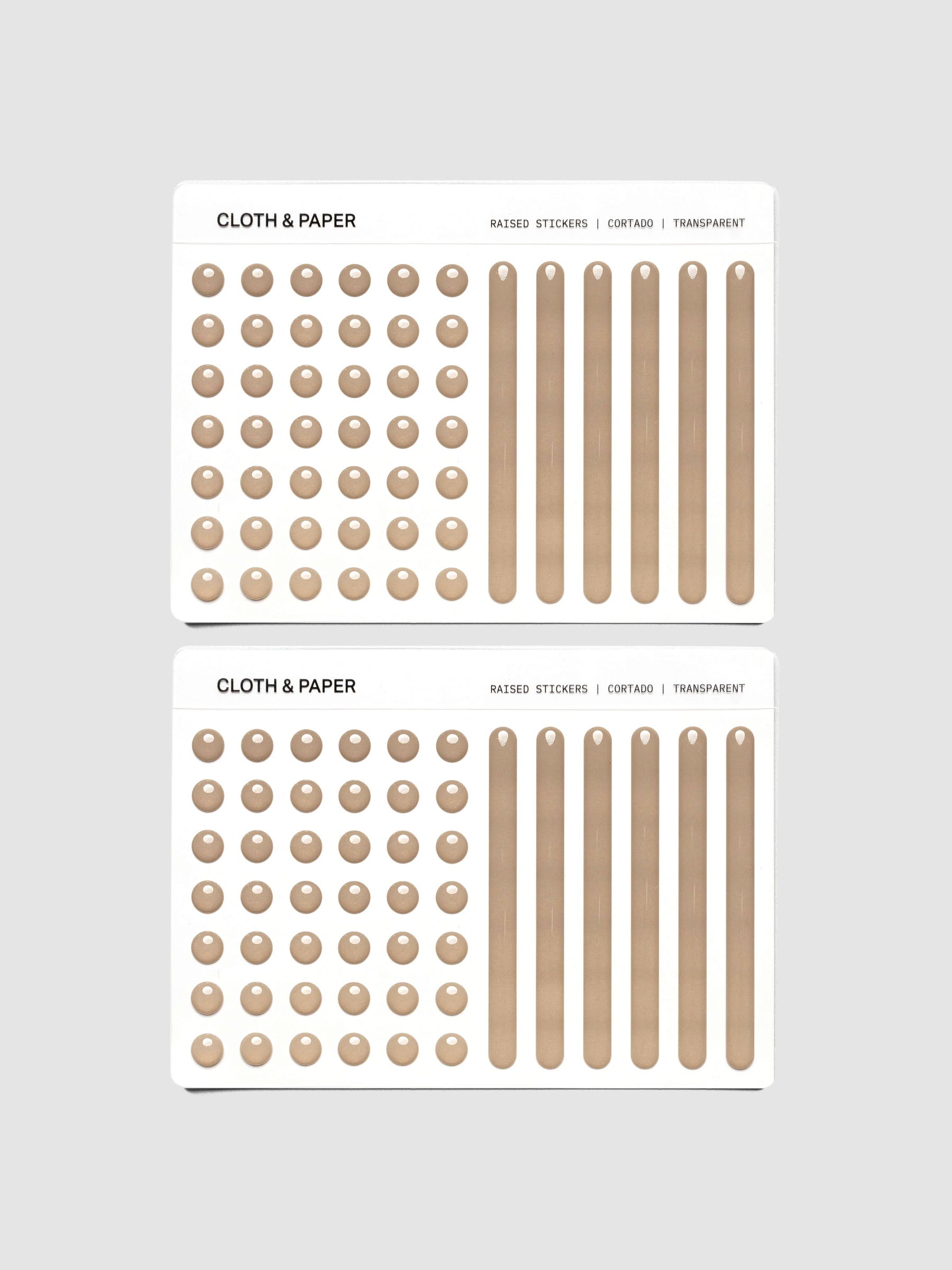 Raised Sticker Set in the color Cortado (light brown) showing dot and bar raised sticker sheets.