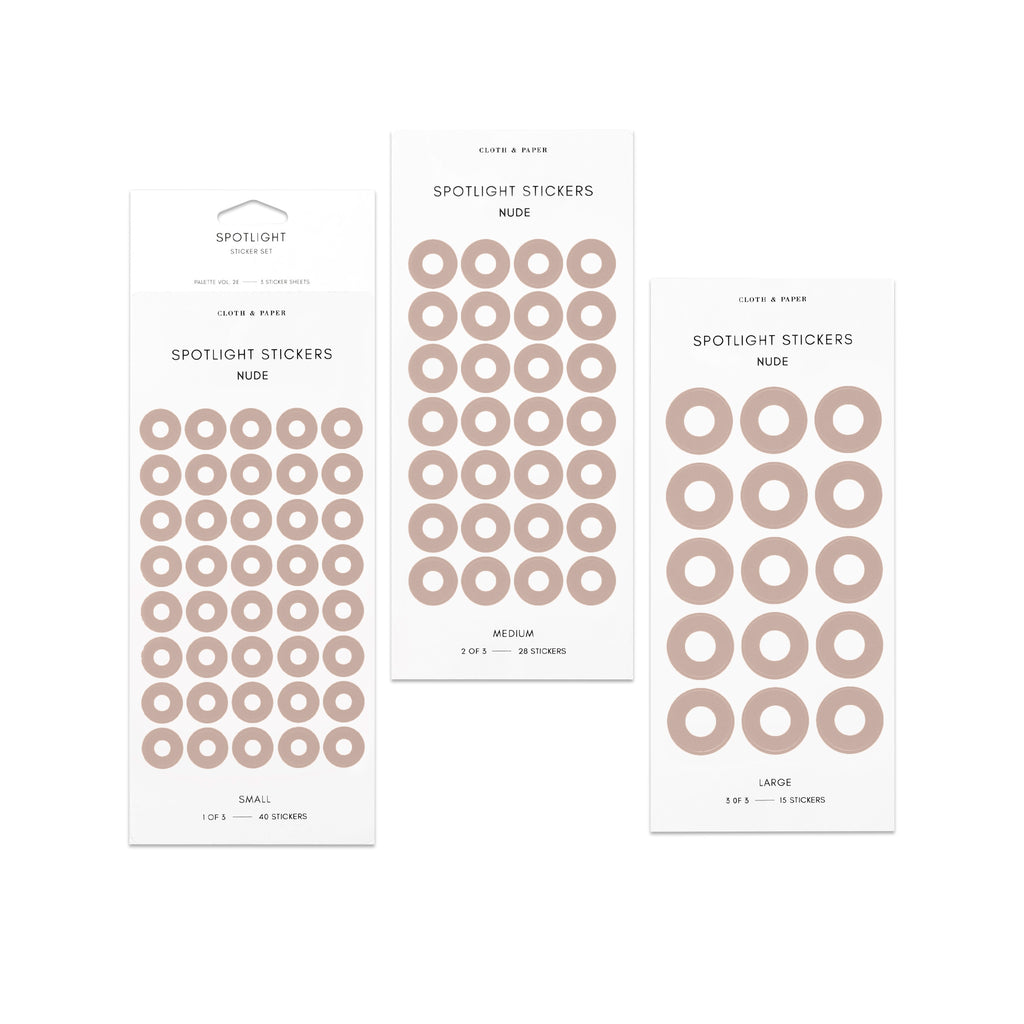 Three sheets of spotlight stickers in small, medium, and large sizing arranged together on a white background.