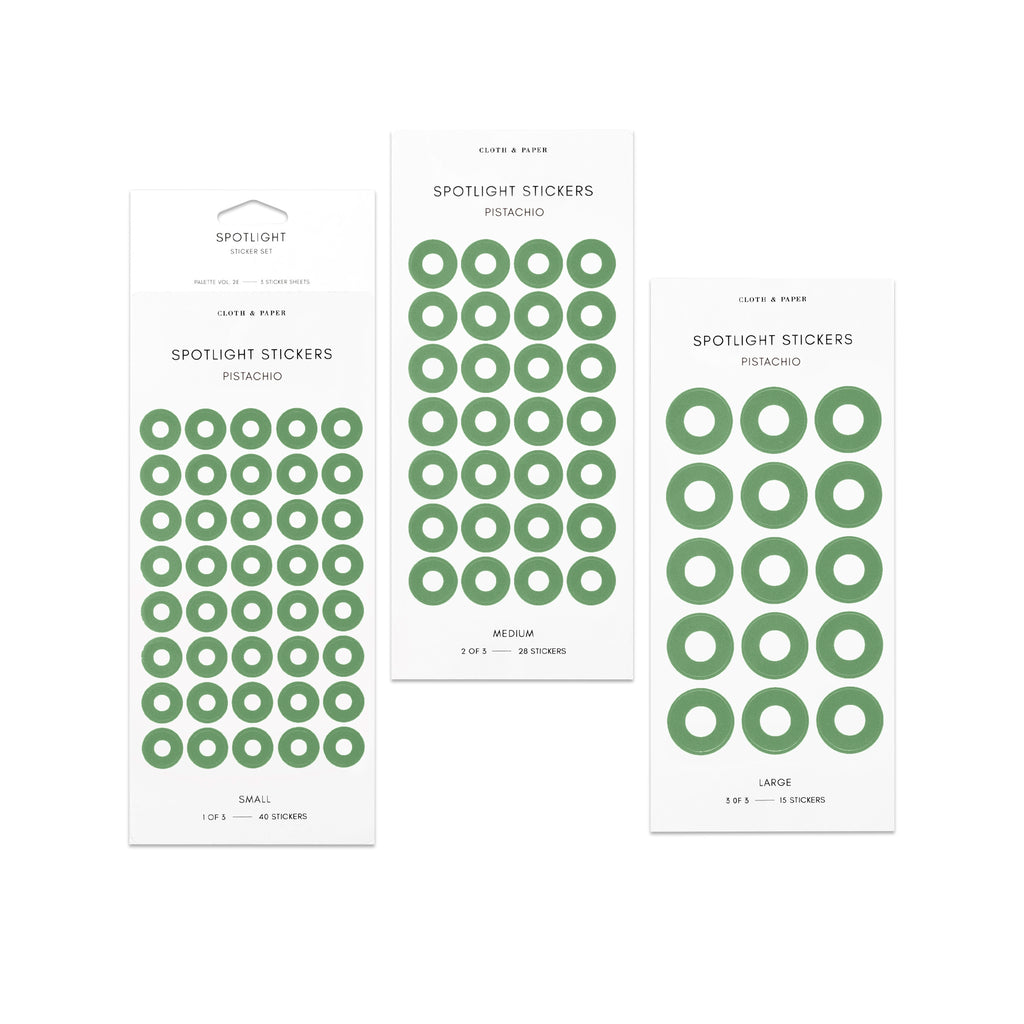Three sheets of spotlight stickers in small, medium, and large sizing arranged together on a white background