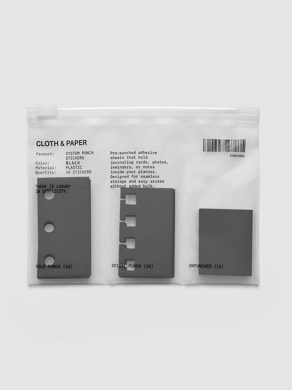 System Punch Stickers in Avant Garde, ring punch pack with hole punch, spiral punch and unpunched adhesive stickers in a zip bag