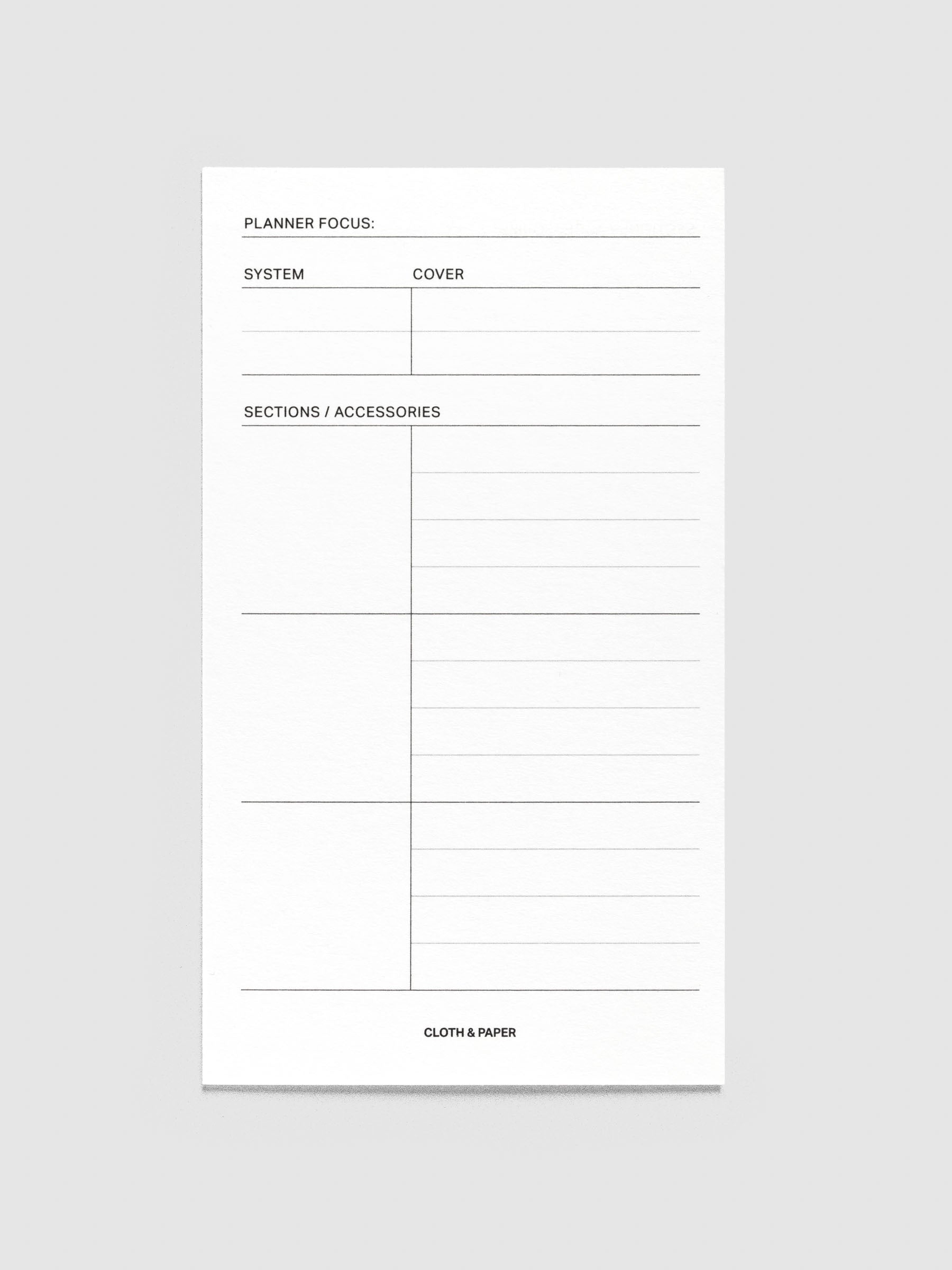 Planner System Card Set shown blank with fields for focus, system, cover, and section/accessories.