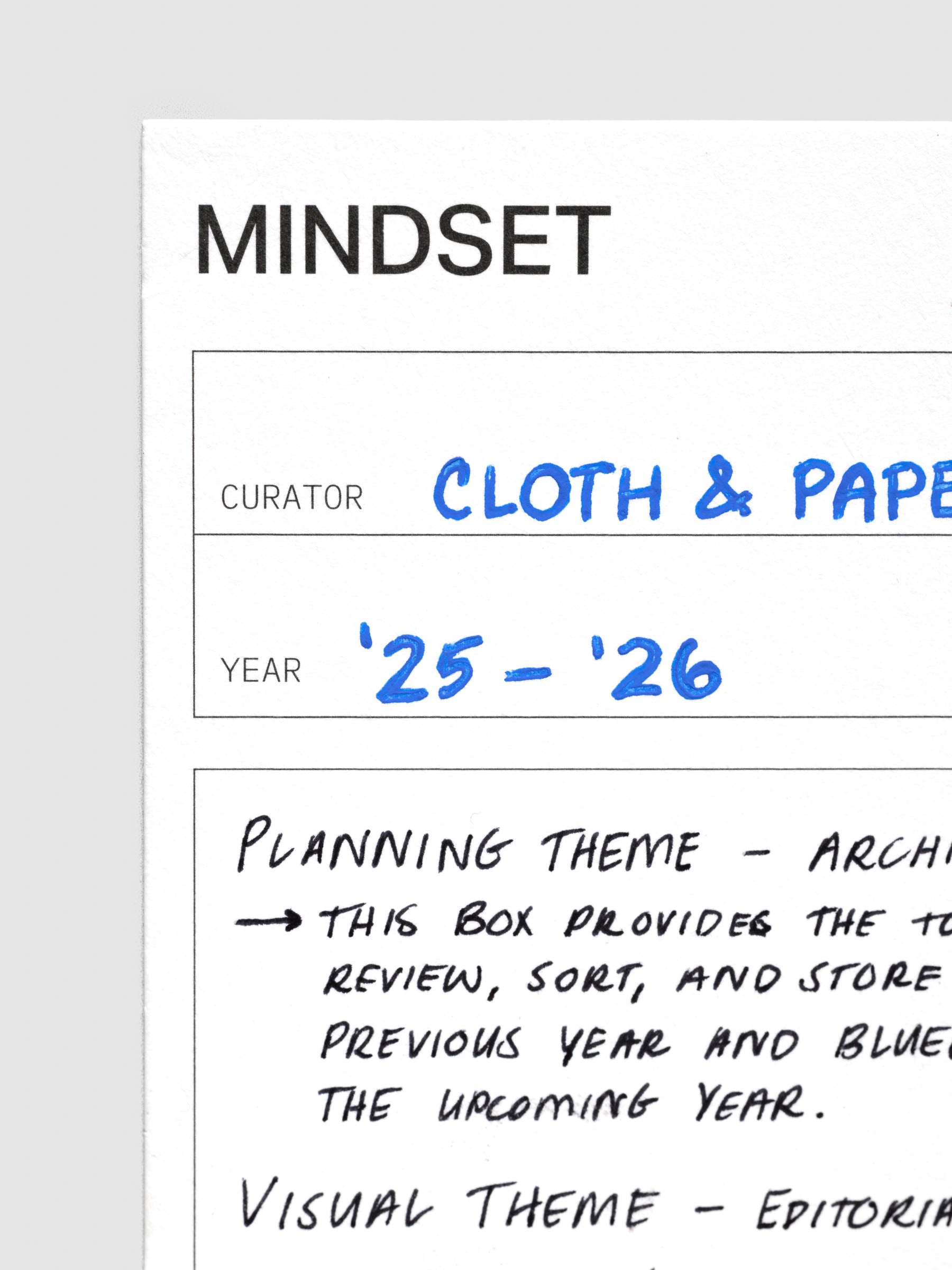 Close up of This Year's Mindset card with handwritten notes as an example.