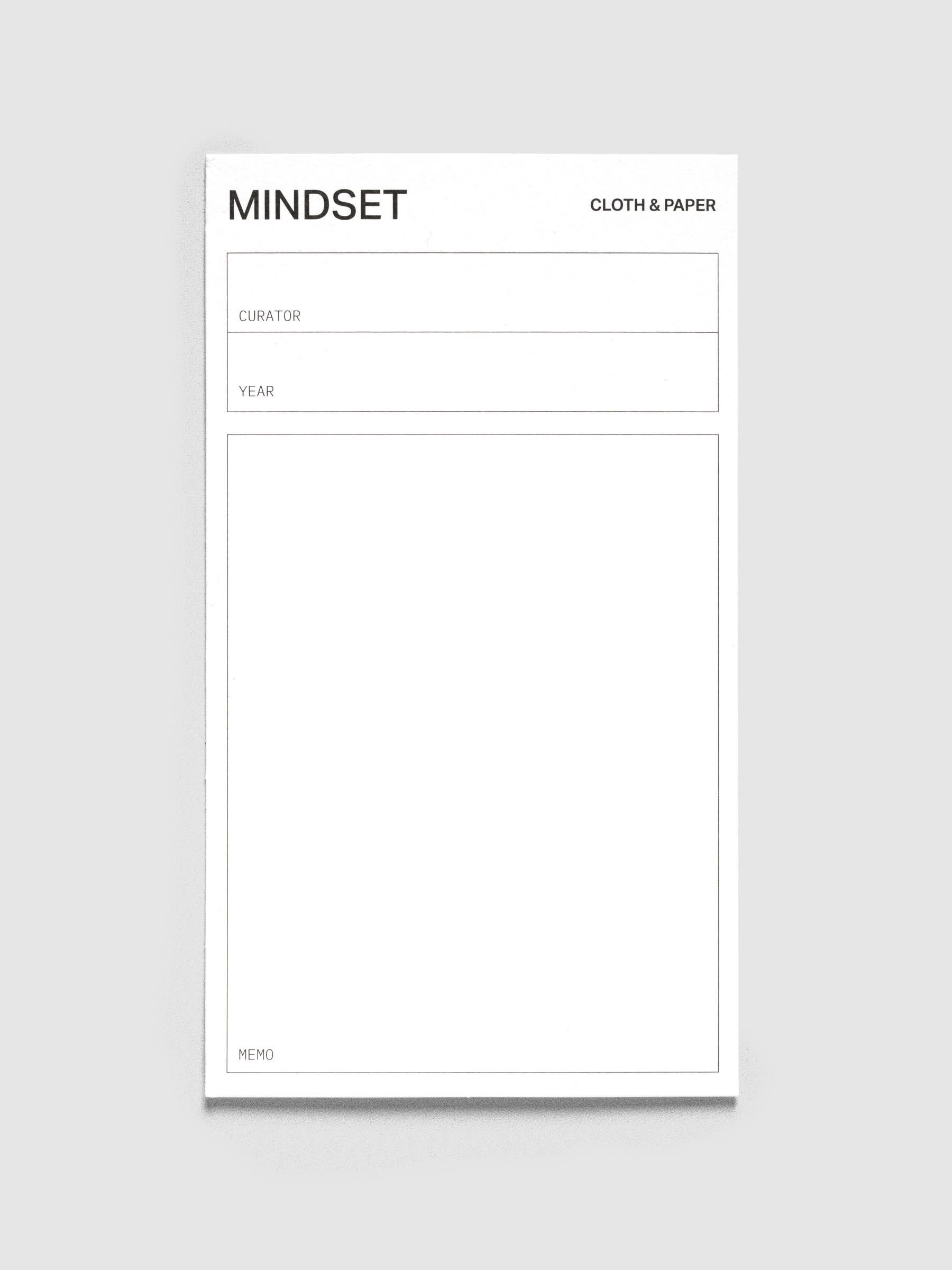 This Year's Mindset Card, a white cardstock card with fields for curator, year, and memo.