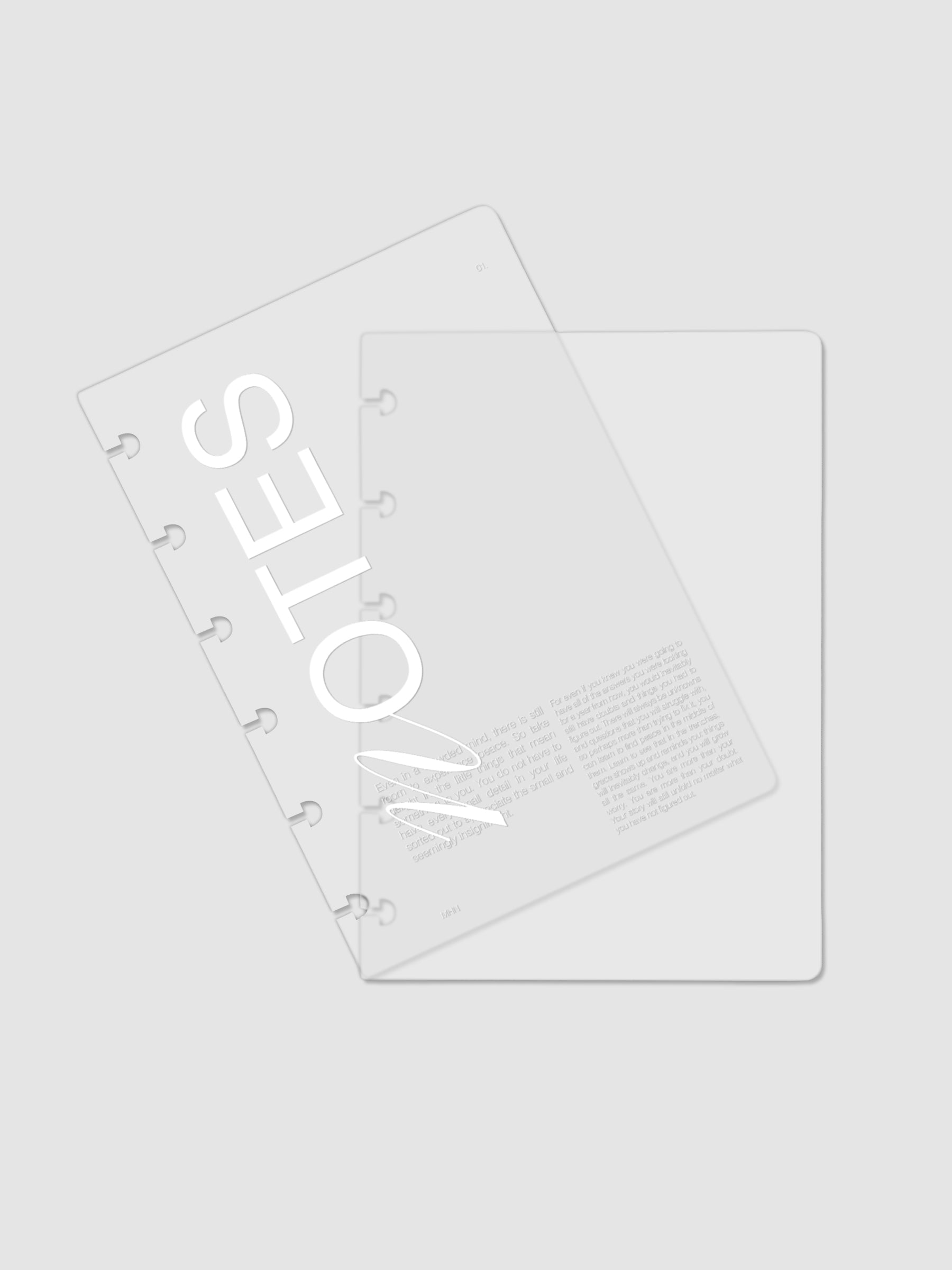 Clear plastic planner cover with white printed text shown pre-punched for CP Petite discbound planners.