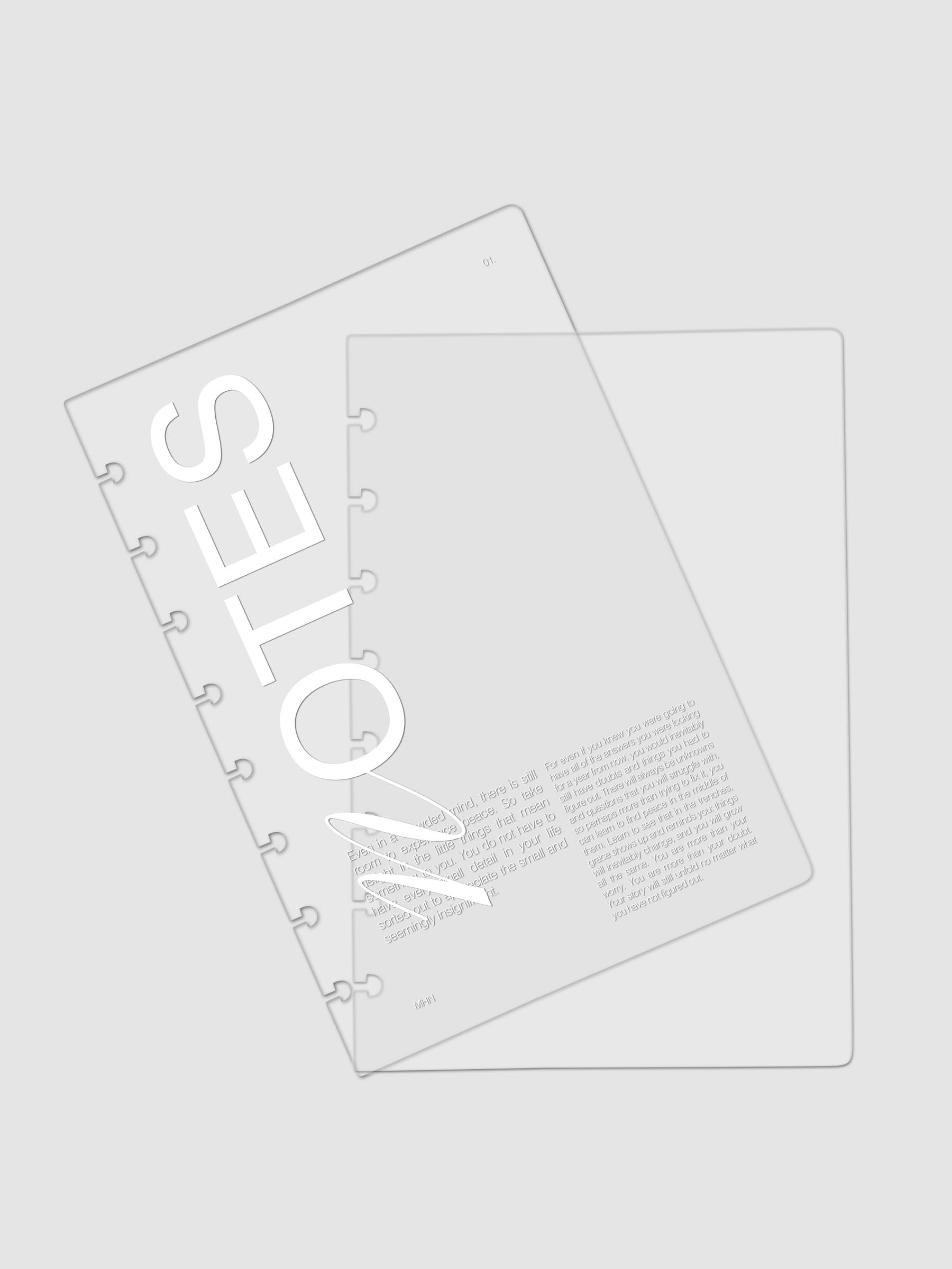 Clear plastic planner cover with white printed text shown pre-punched for Half Letter discbound planners.