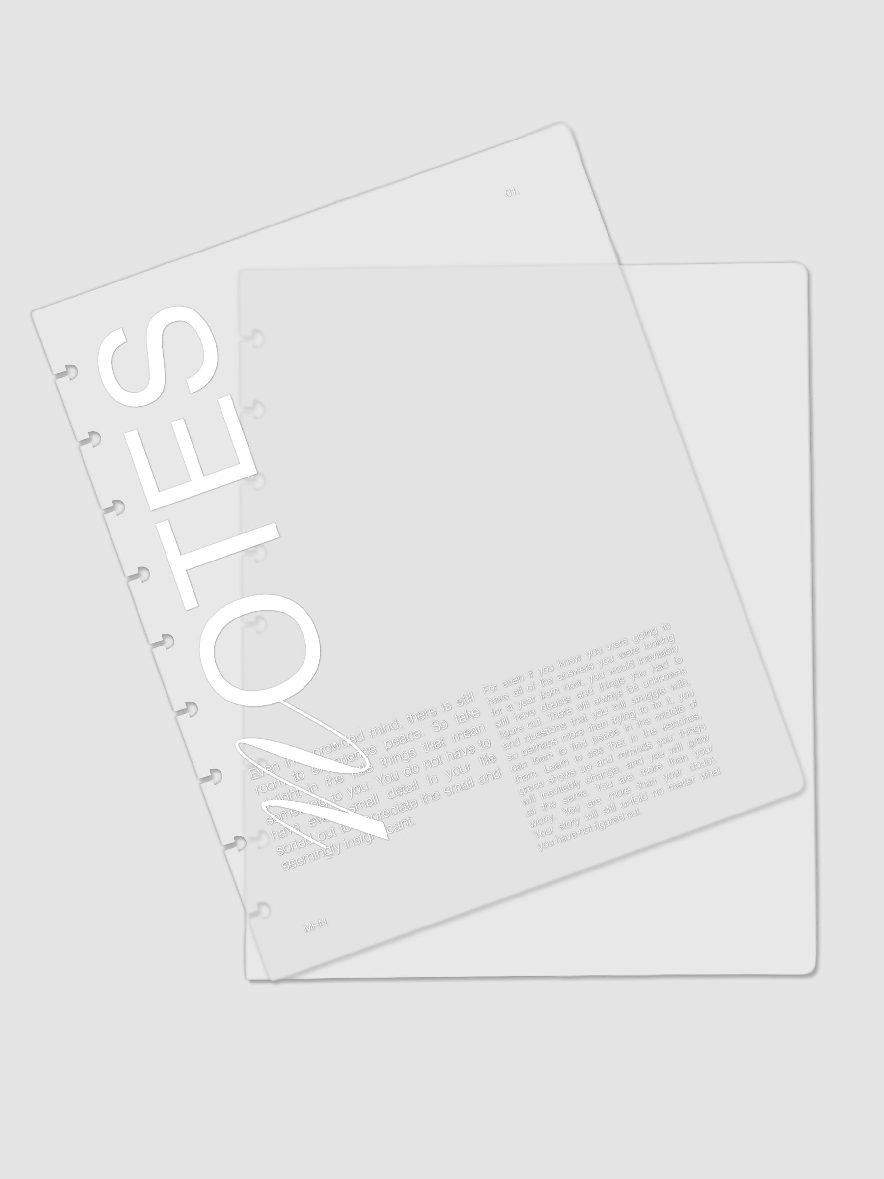 Clear plastic planner cover with white printed text shown pre-punched for HP Classic discbound planners.