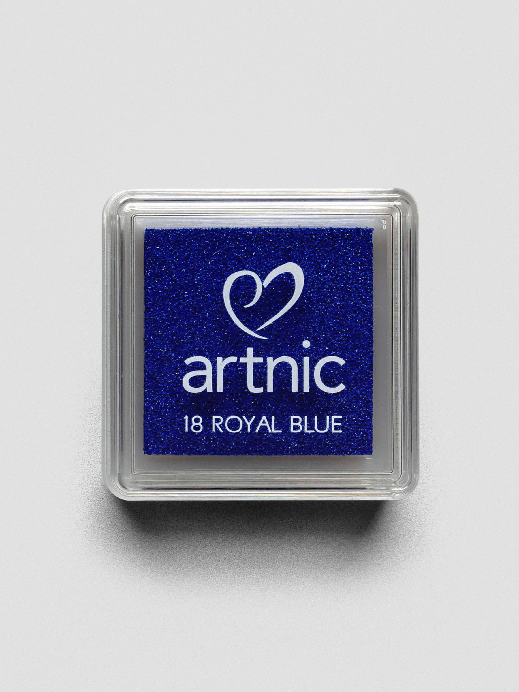Square blue Artnic ink pad with clear lid labeled “18 Royal Blue,” viewed from above.