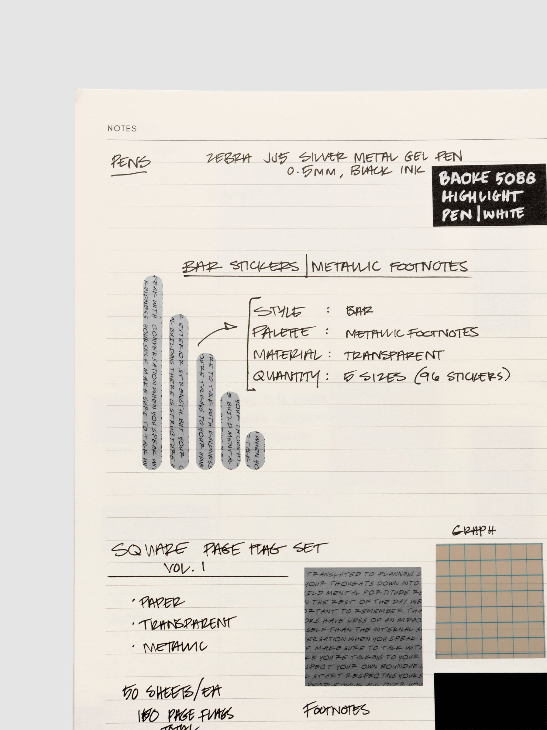 Bar Stickers | Footnotes shown in use in an A5 spiral bound planner used for emphasis and decoration.