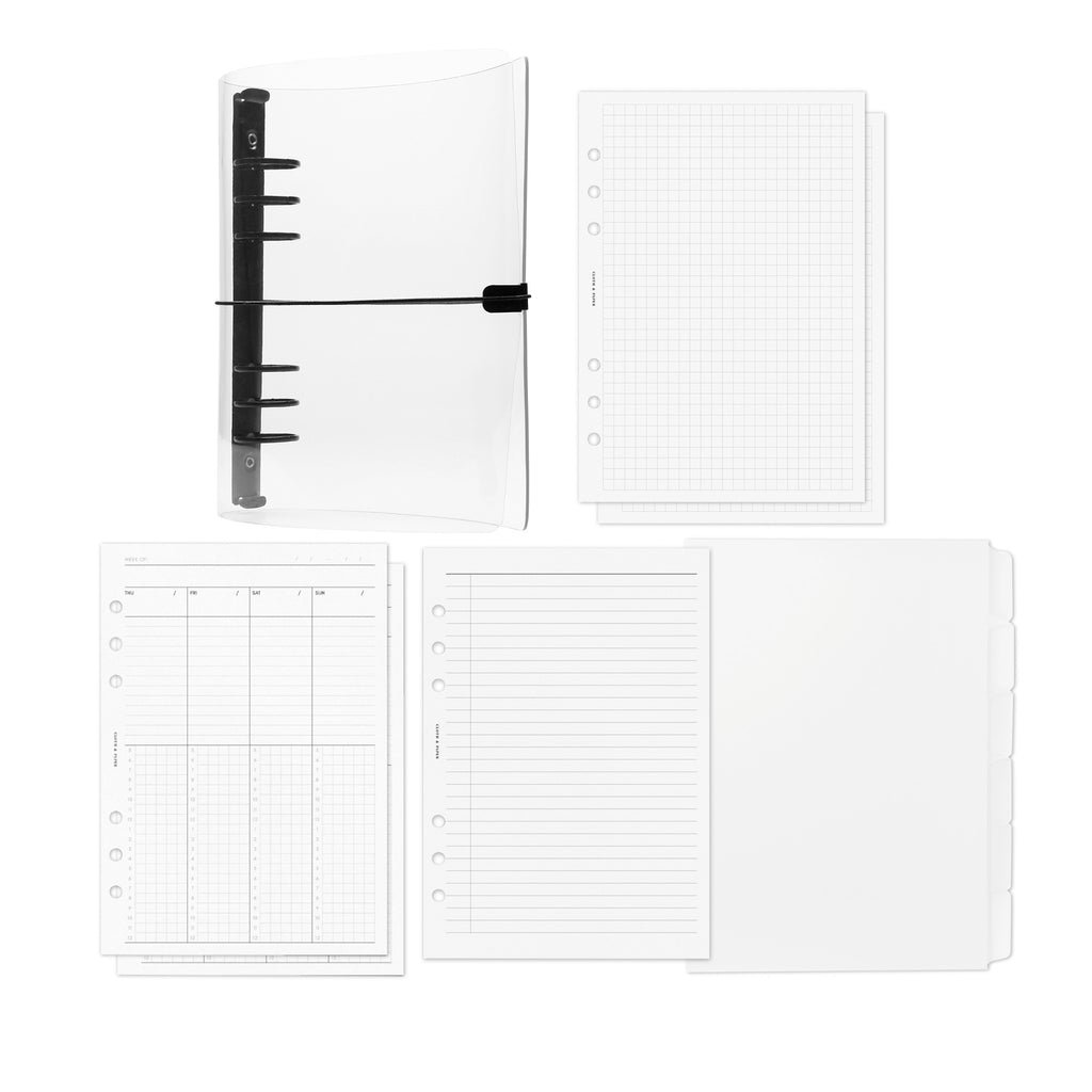 Beginner Planner Bundle, A5, Cloth and Paper. Bundle contents displayed on a white background - a clear vinyl planner, blank side tab planner dividers, weekly schedule inserts, task planner inserts, and graph planner inserts.