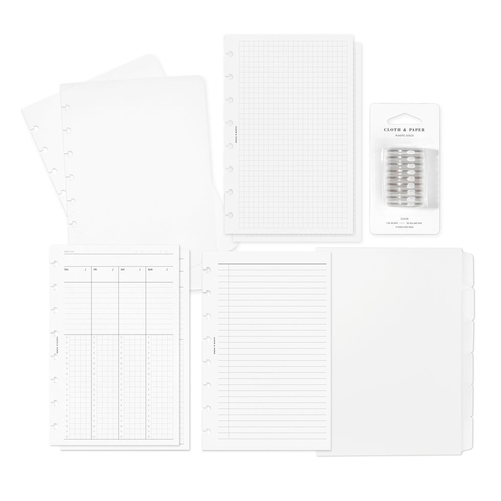 Beginner Planner Bundle Cloth and Paper. Bundle contents displayed on a white background - a clear vinyl planner, blank side tab planner dividers, weekly schedule inserts, task planner inserts, and graph planner inserts. Size shown is Half Letter.