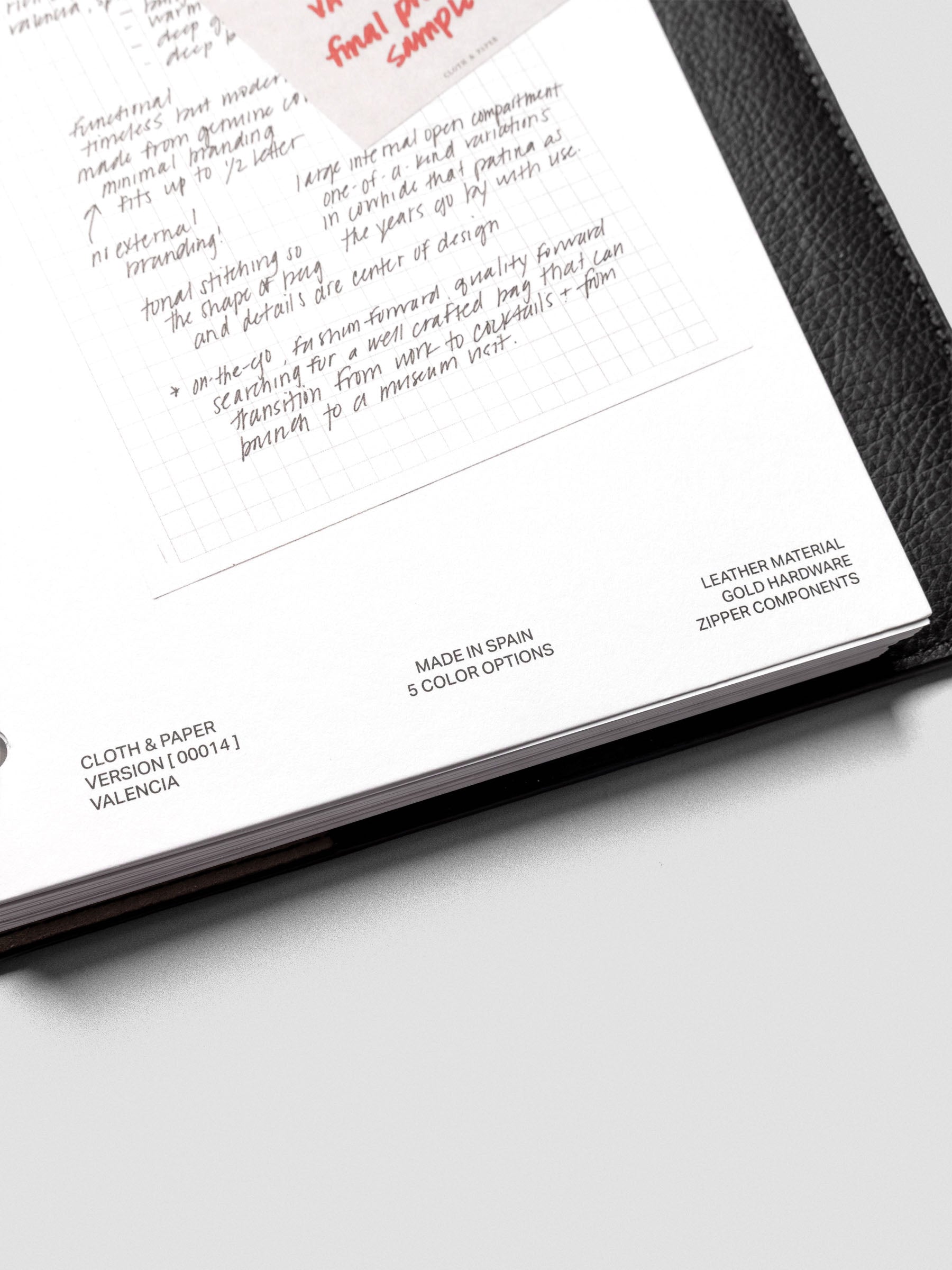 Bottom corner view of a half-letter Behind the Scenes Dashboard Duo insert showing handwritten notes and printed details, including ‘Cloth & Paper Version Valencia, Made in Spain, Leather Material.’