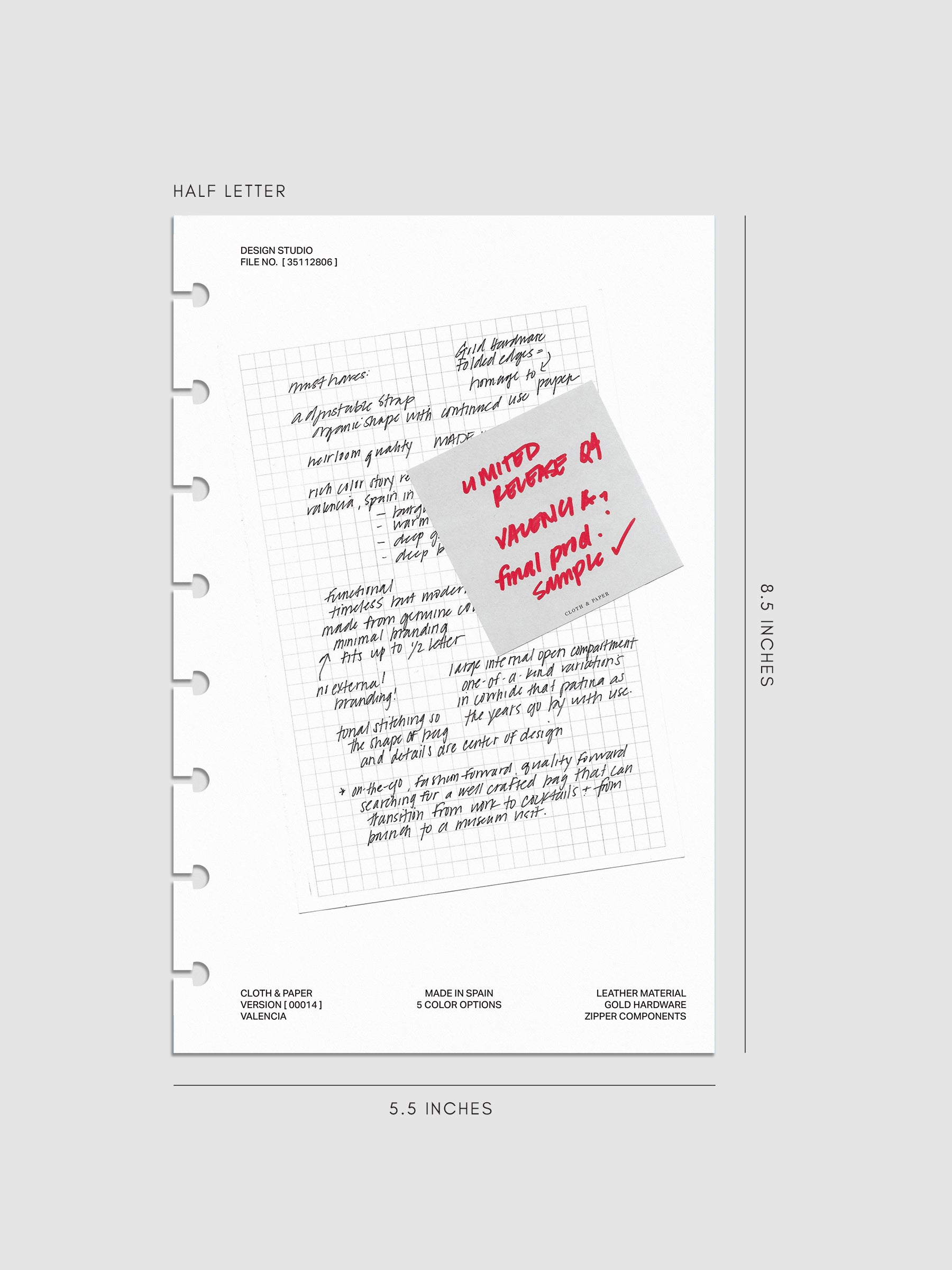 Half-letter Behind the Scenes Dashboard Duo insert measuring 5.5 by 8.5 inches. Minimalist grid design with layered handwritten notes and sticky note detail, with disc-bound punches.