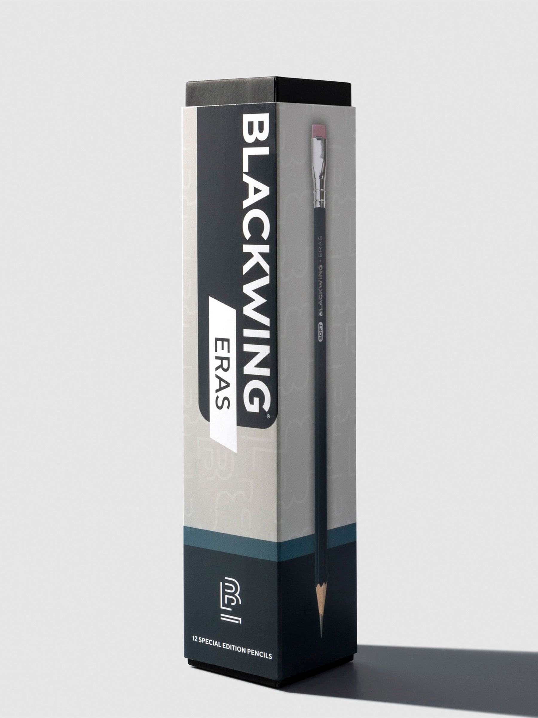 Pencil packaging displayed on a neutral background. It showcases a photo of the pencil is on the side of the box.