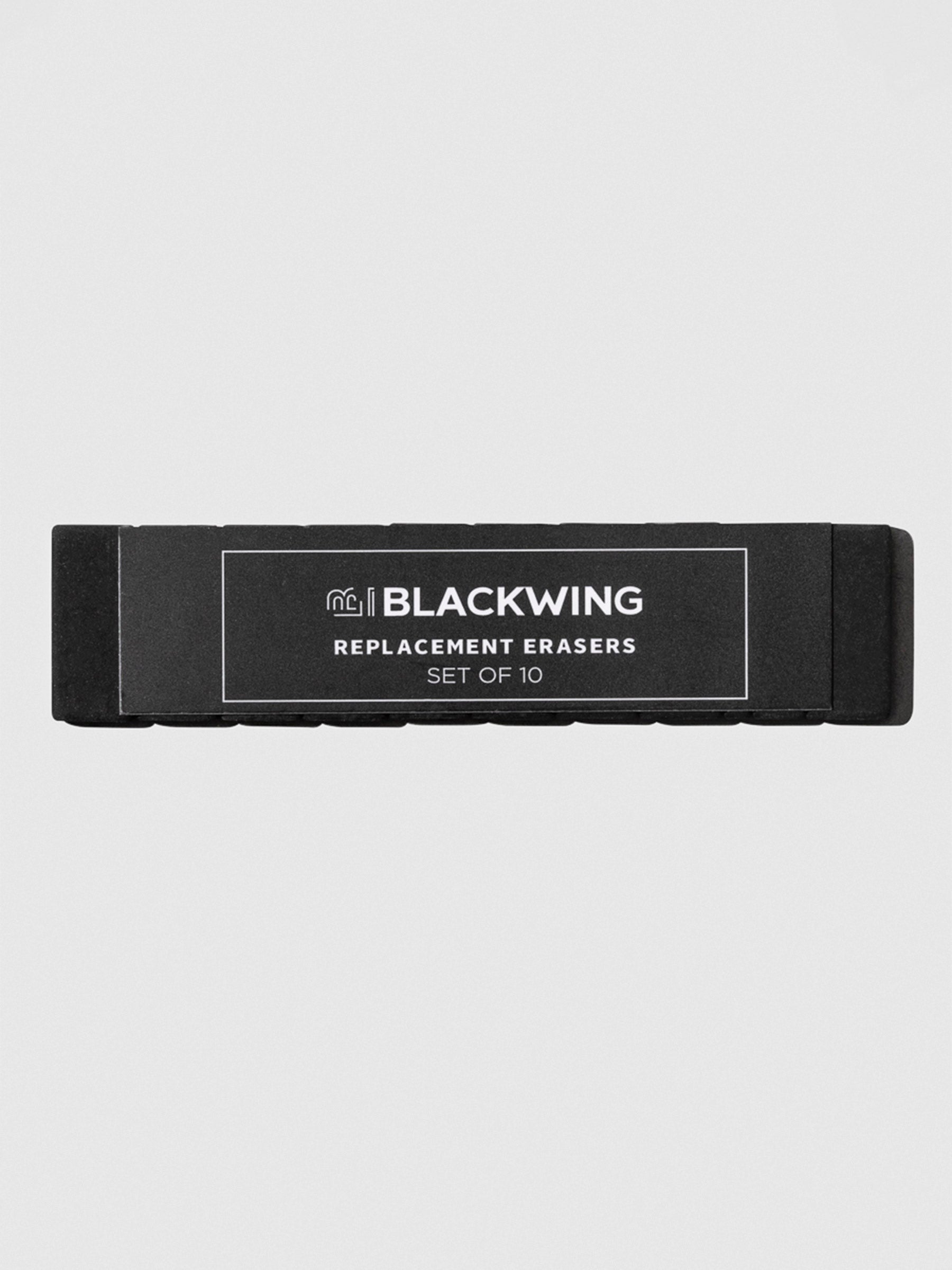 The image shows  the black color variant of a set of 10 blackwing replacement erasers.