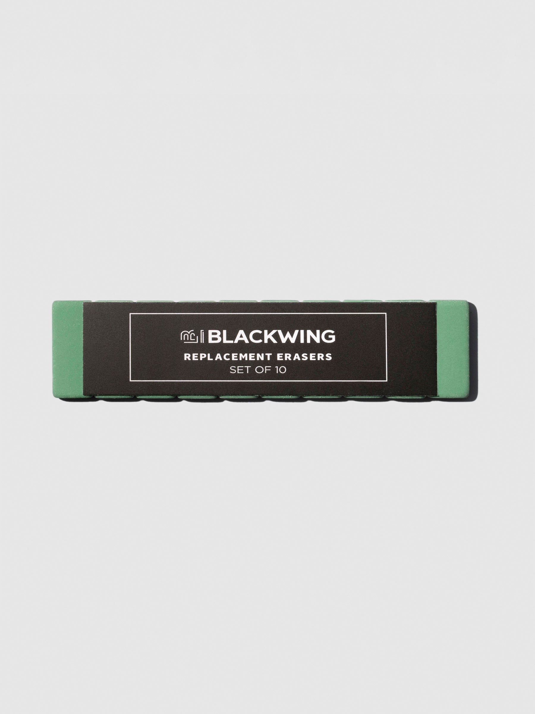 The image shows the green color variant of a set of 10 blackwing replacement erasers.