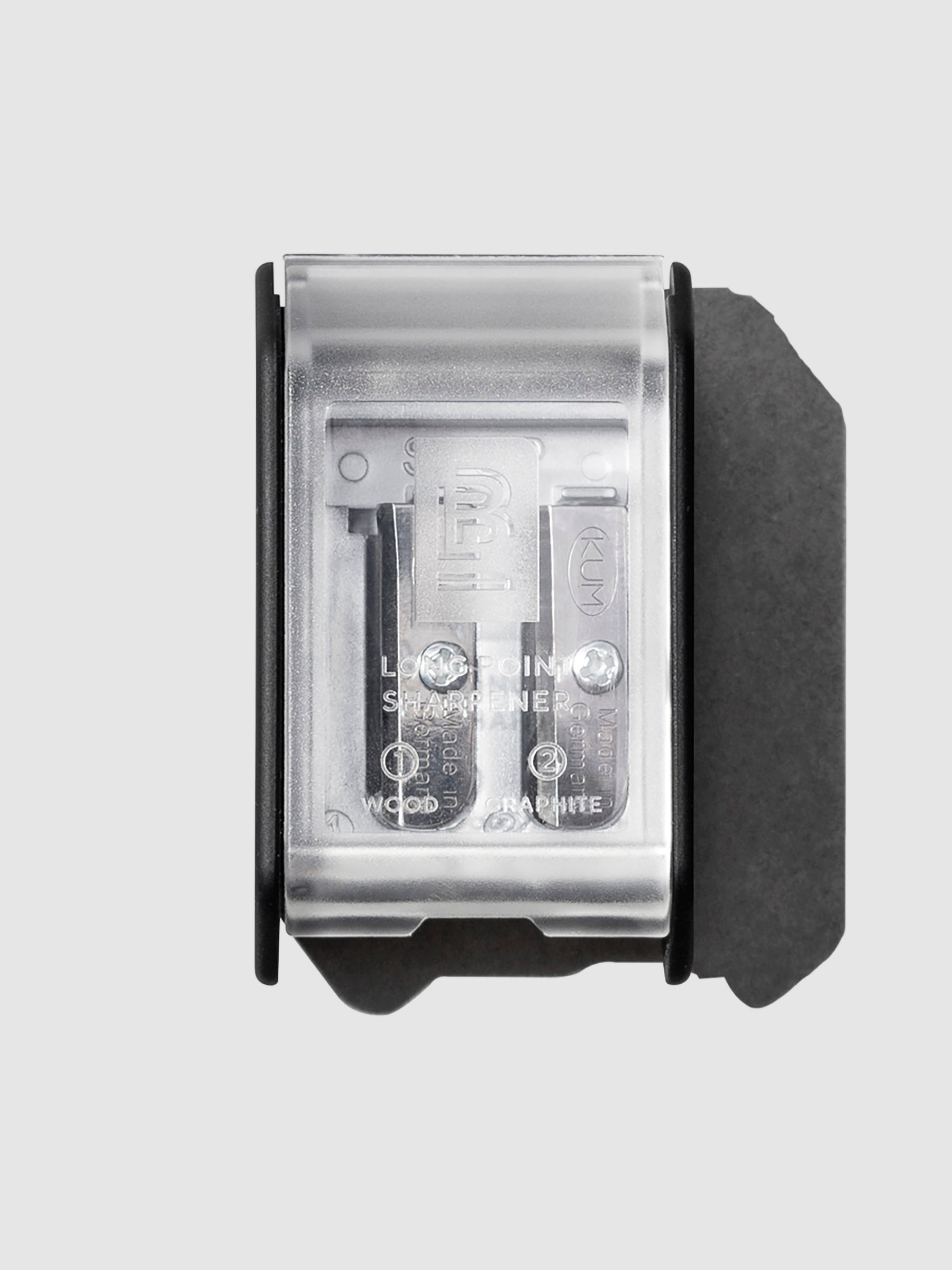 The image shows the blackwing long point pencil sharpener with the frosted cover closed on top.