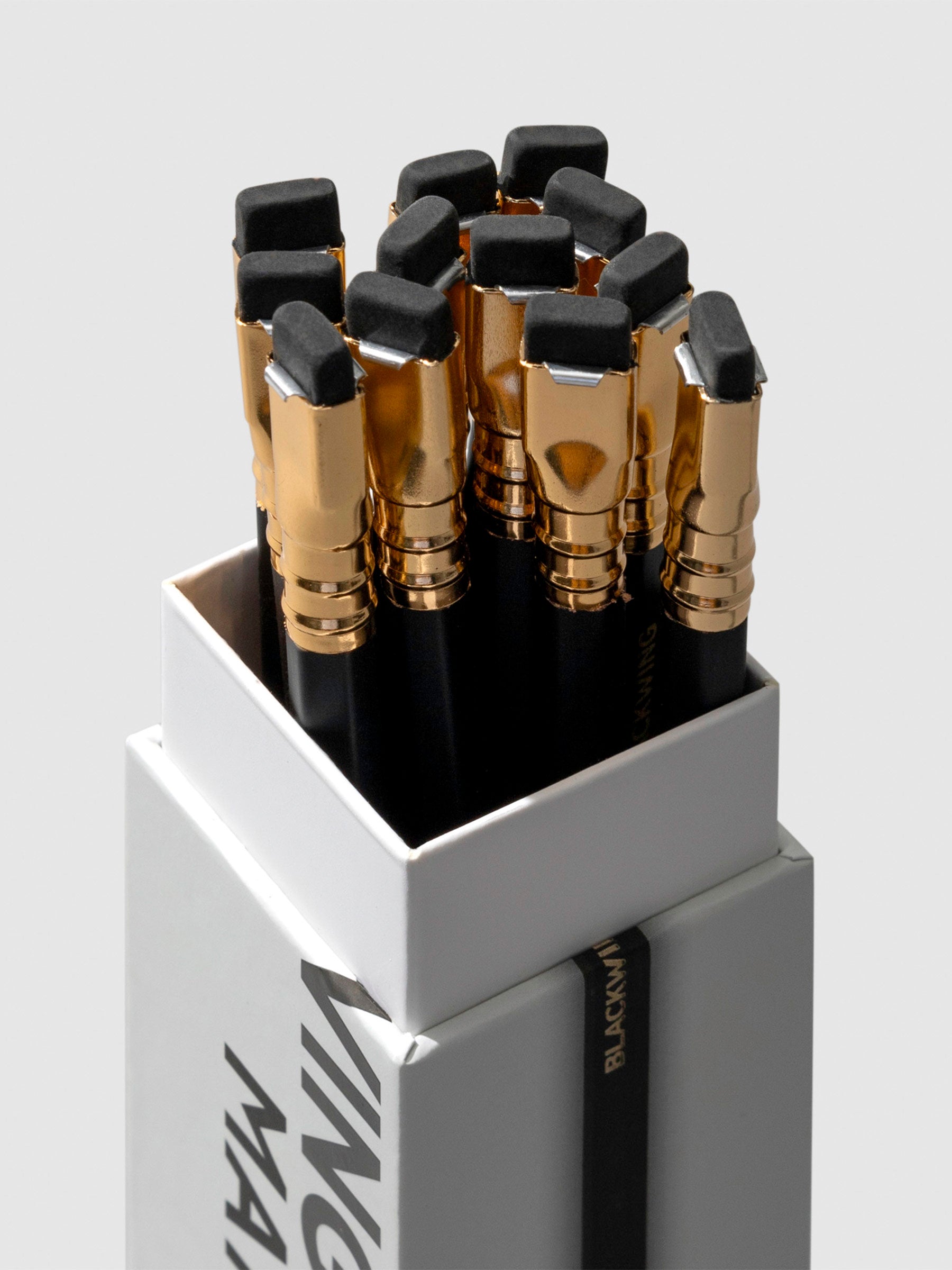 The image shows a set of 12 blackwing matte pencils packaged inside a box.