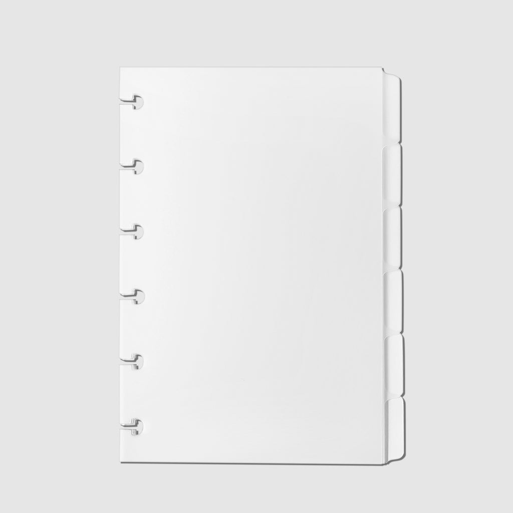 Blank Side Tab Planner Dividers, Low Profile, Matte, Cloth and Paper. Dividers displayed on a white background.