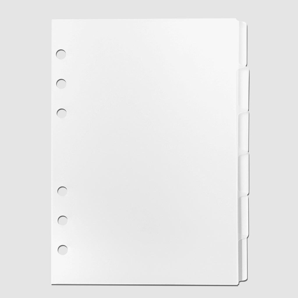 Blank Side Tab Planner Dividers, Low Profile, Matte, Personal Wide Size. Cloth and Paper. Dividers displayed on a white background.