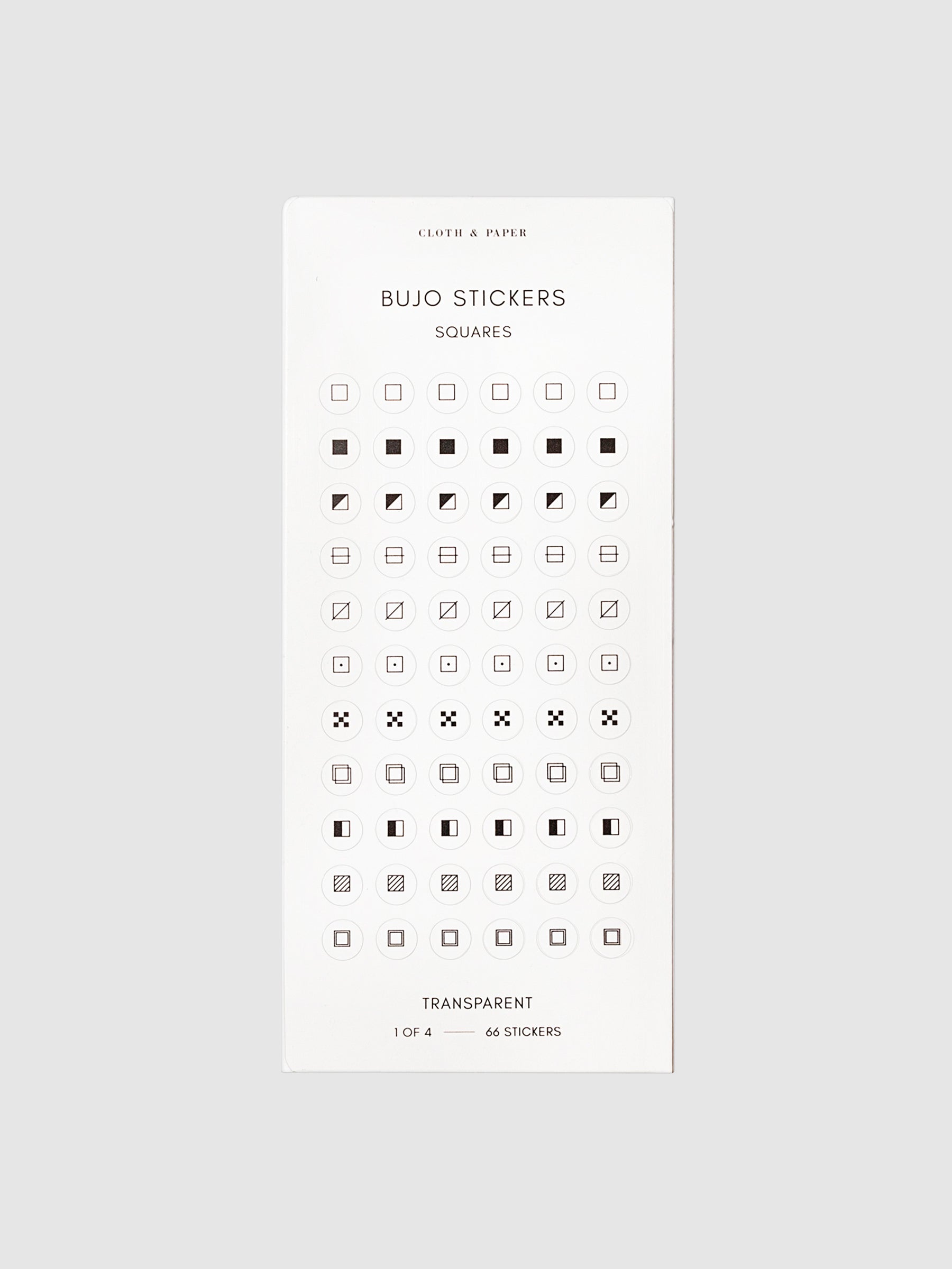 Bujo Stickers, Cloth and Paper. Stickers displayed on a neutral background. Design shown is squared bullet points.