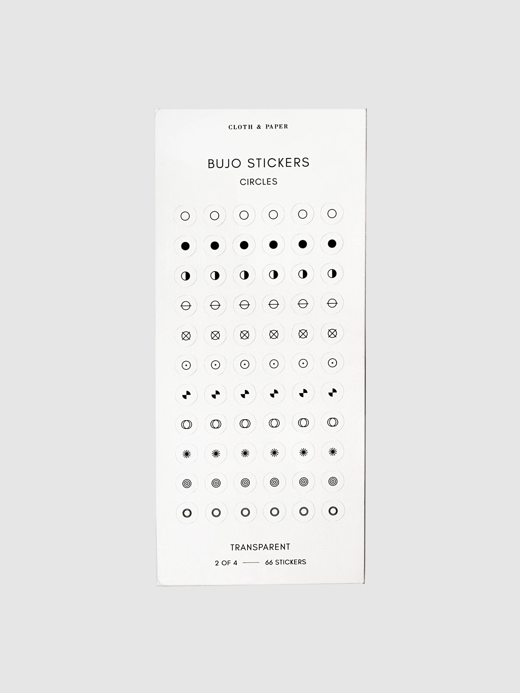 Bujo Stickers, Cloth and Paper. Stickers displayed on a neutral background. Design shown is circular bullet points. 