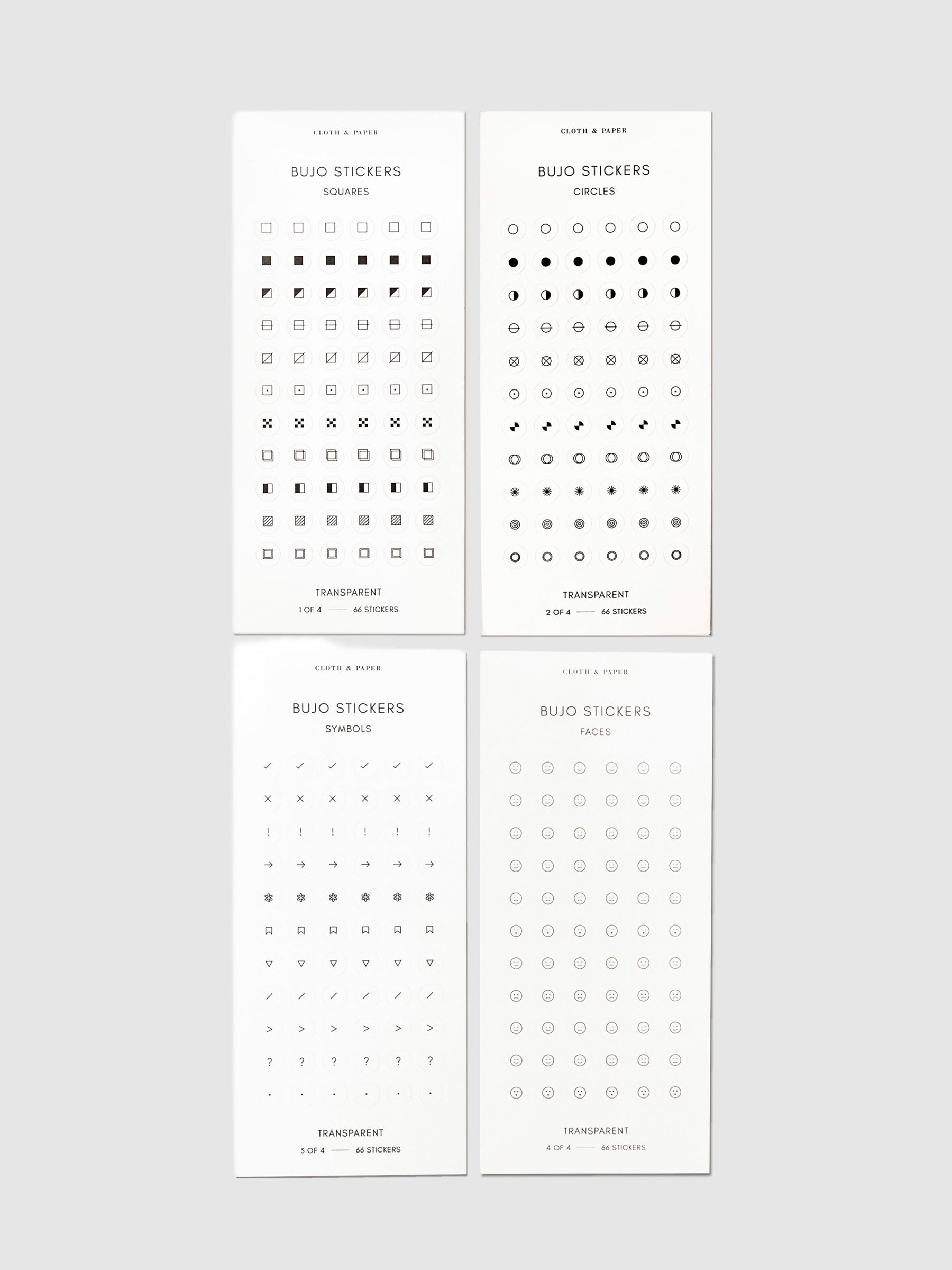 Four sheets of Bujo stickers displayed together on a neutral background.