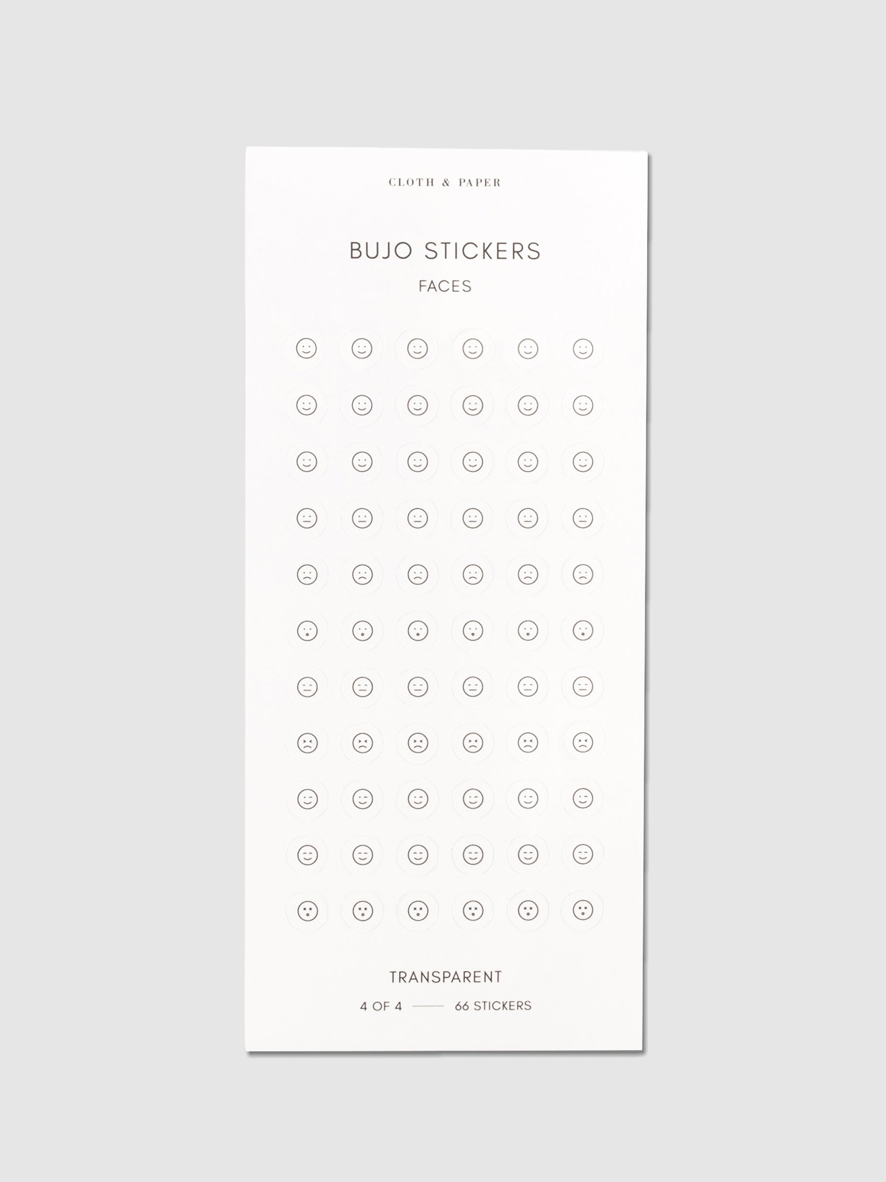 Bujo Stickers, Cloth and Paper. Stickers displayed on a neutral background. Design shown is faces.