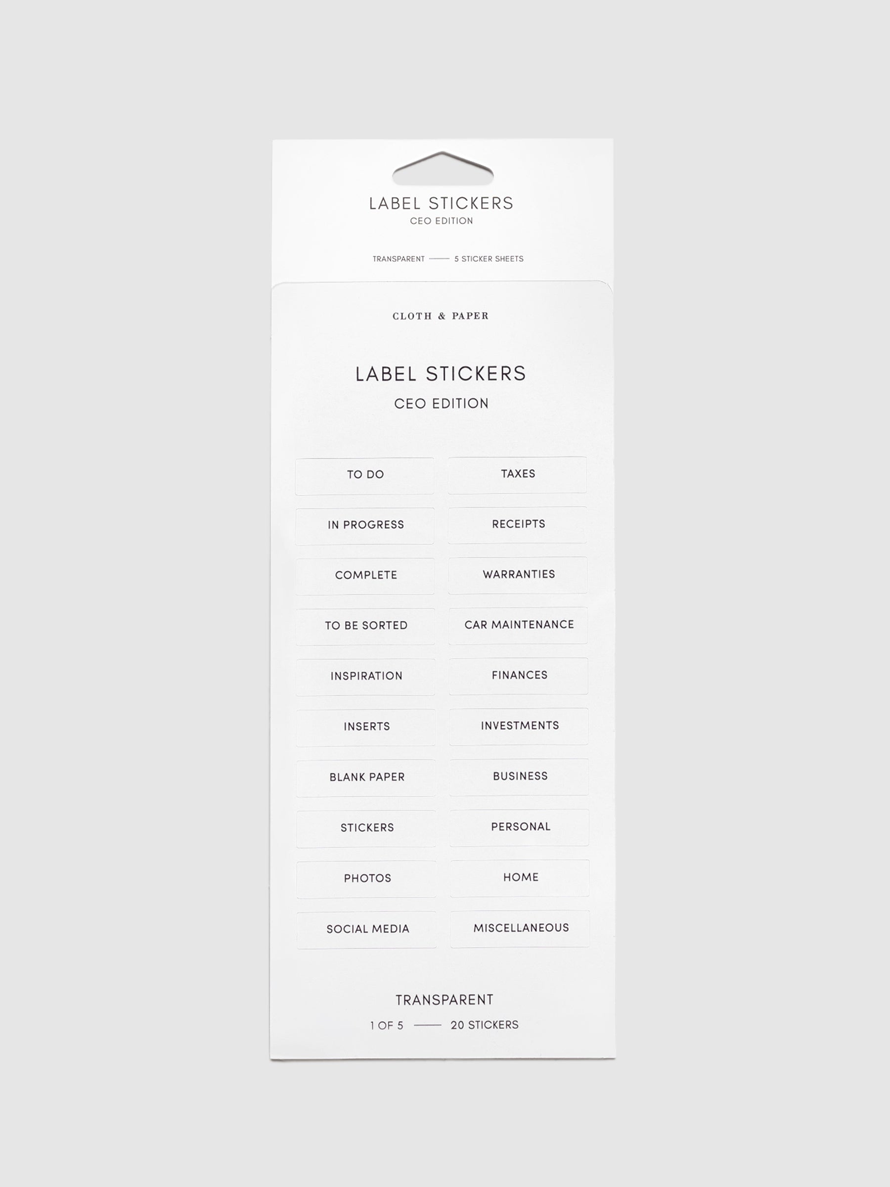 Label stickers in their packaging. The text on each sticker is black.