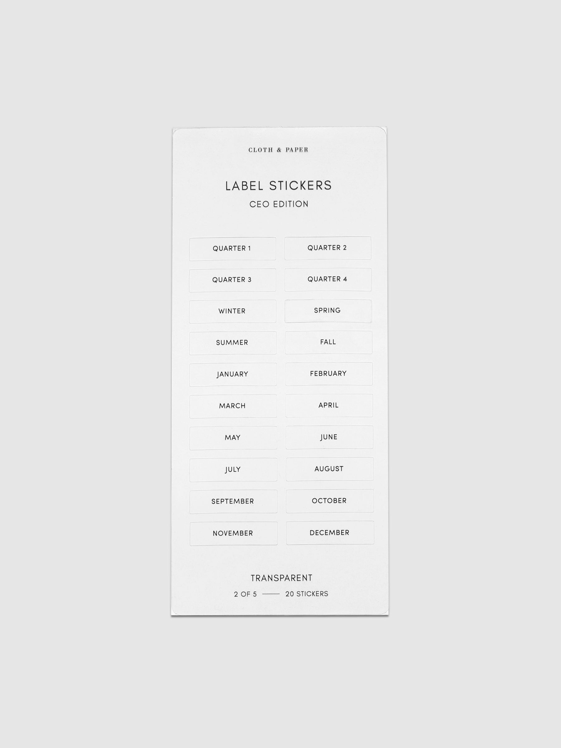 Label stickers in their packaging. The text on each sticker is black.