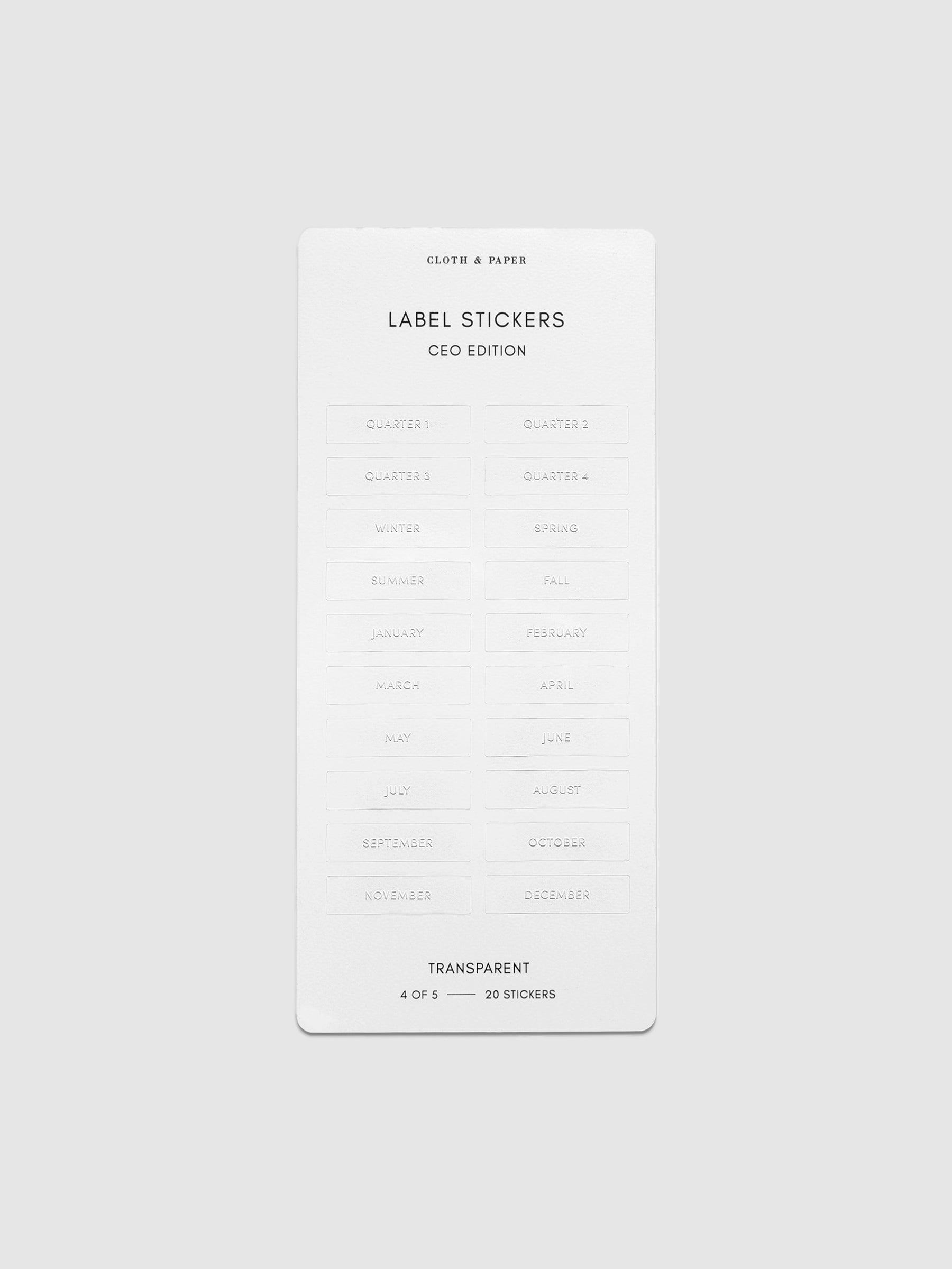 Label stickers in their packaging. The text on each sticker is white.