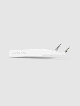 White tweezers displayed on a neutral background.