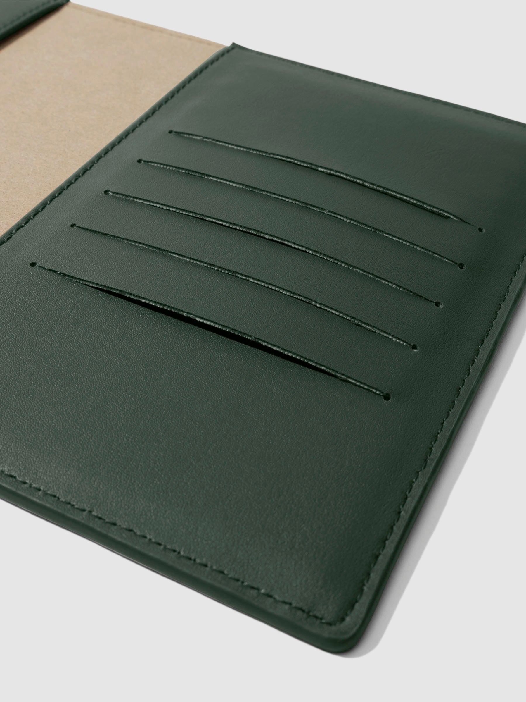 Closeup of folio's credit card slots. Color pictured is valley green. 