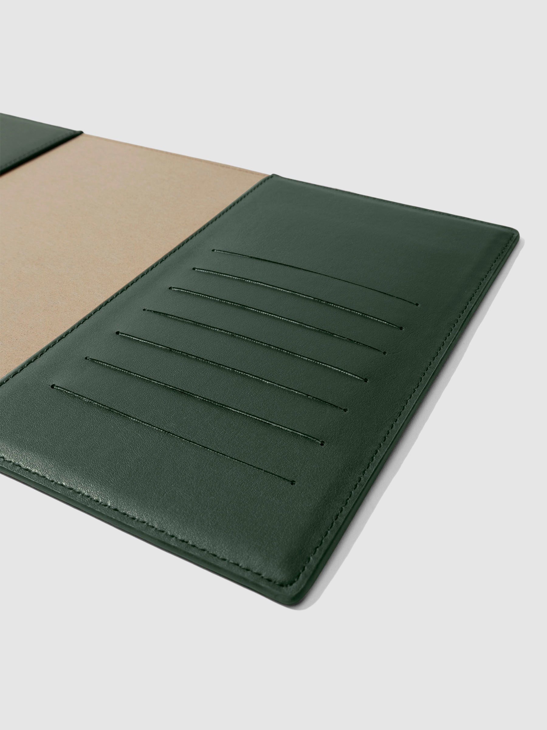 Closeup of folio's credit card slots. Color pictured is valley green. 